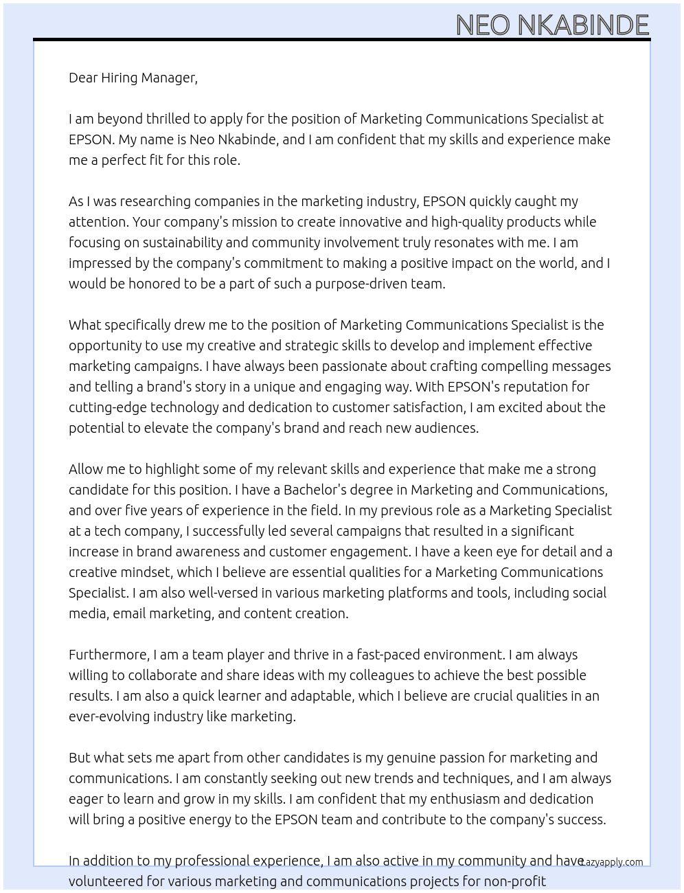Marketing Communications Specialist At EPSON Cover Letter