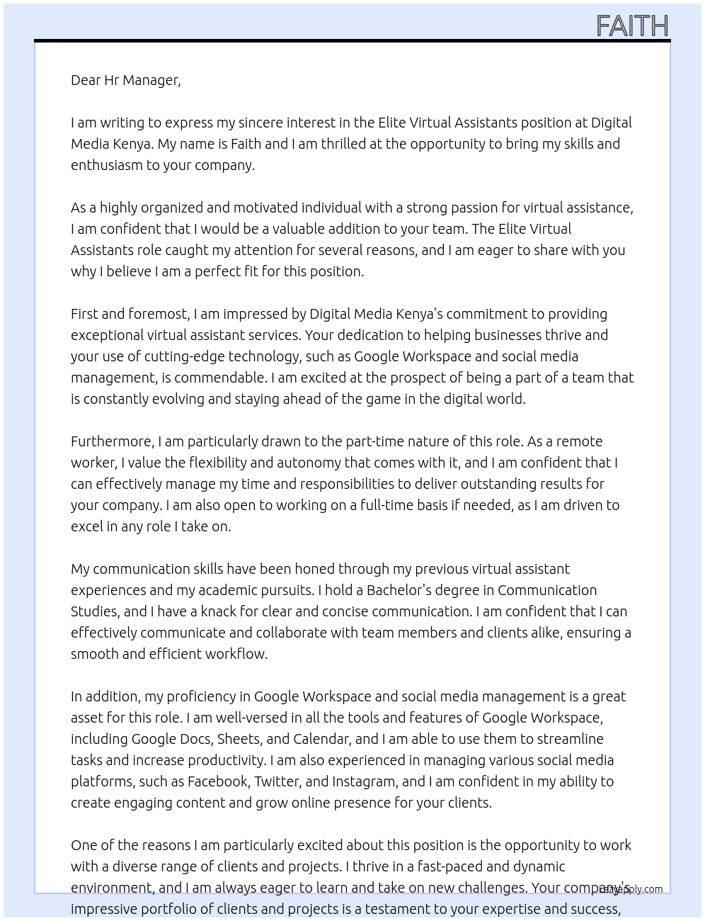 Elite Virtual Assistants At Digital Media Kenya Cover Letter
