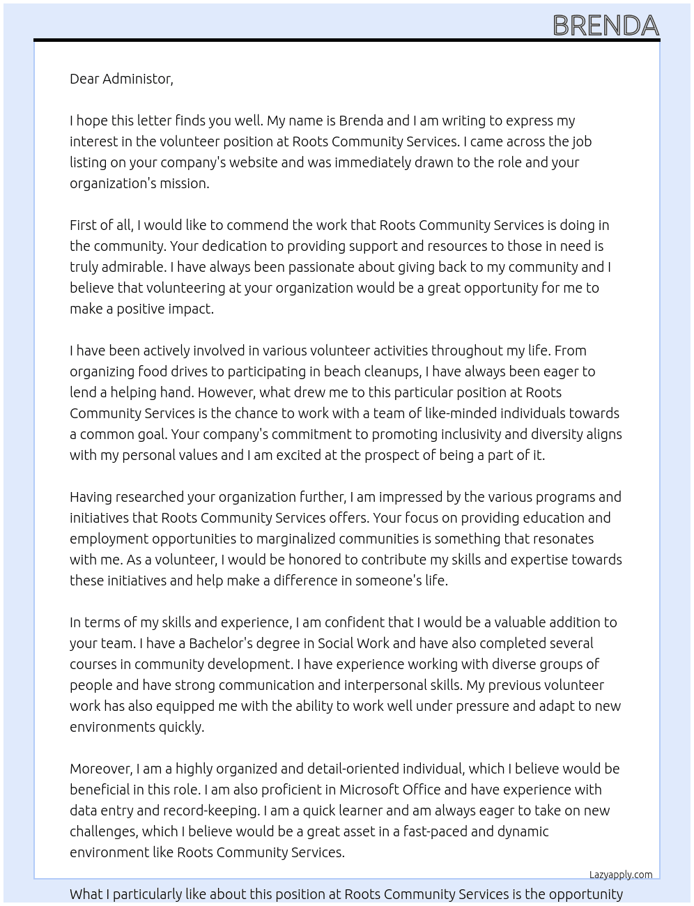 volunteer  At roots community services  Cover Letter