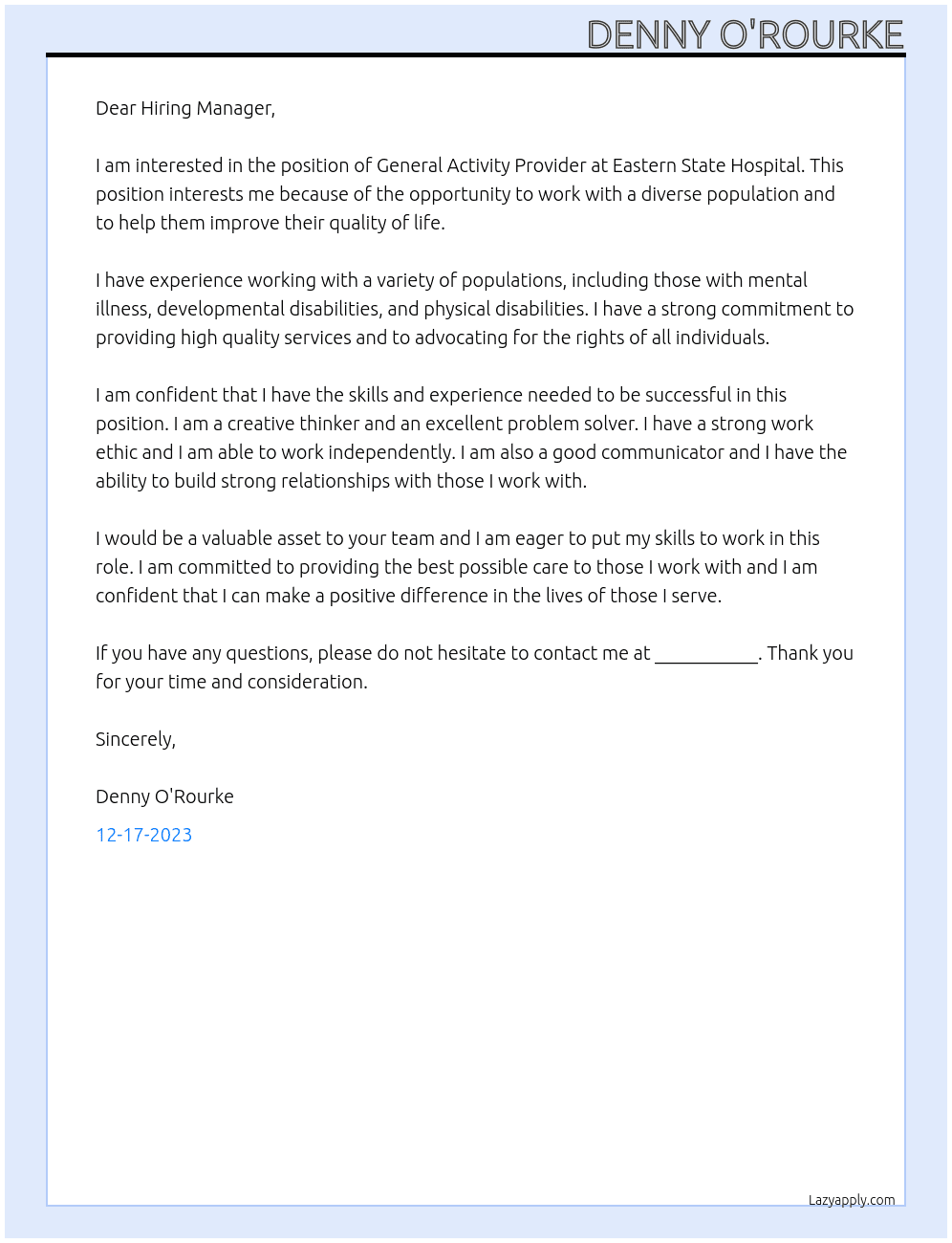 General Activity Provider At Eastern State Hospital Cover Letter