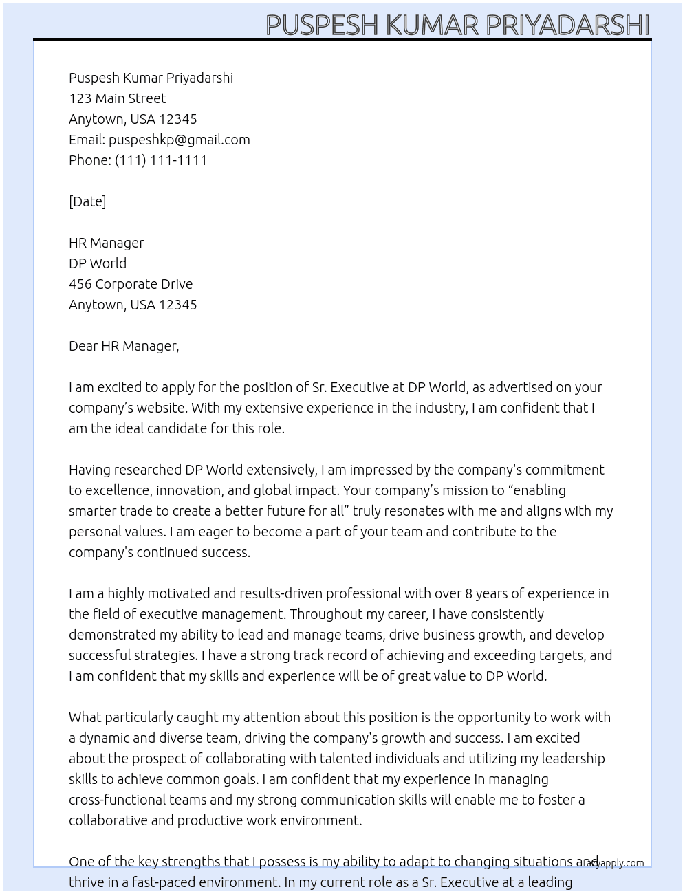 Sr. Executive  At DP World Cover Letter