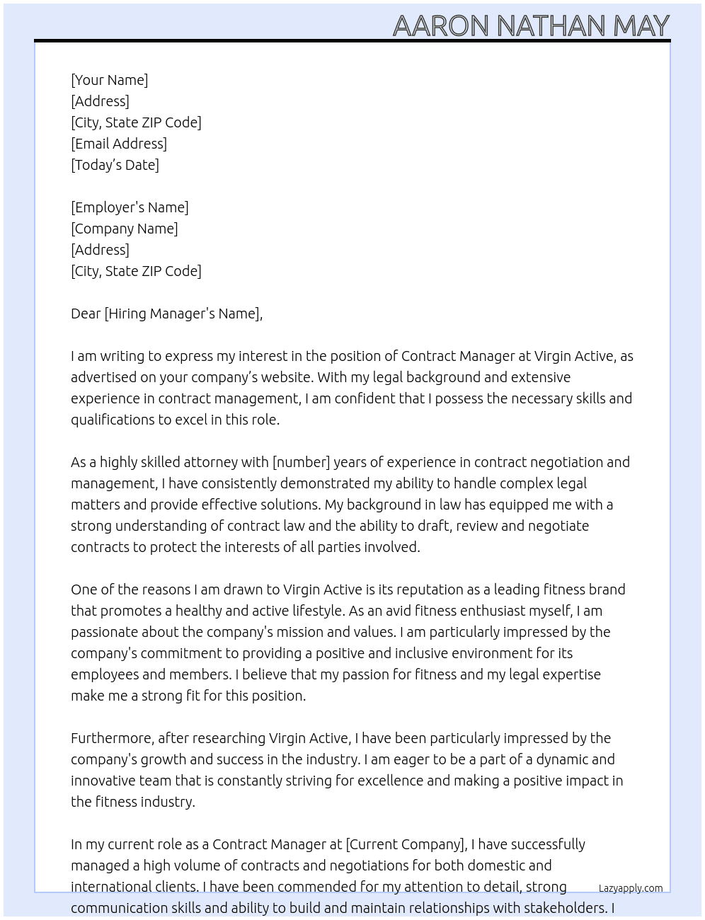 Contract Manager  At Virgin Active  Cover Letter