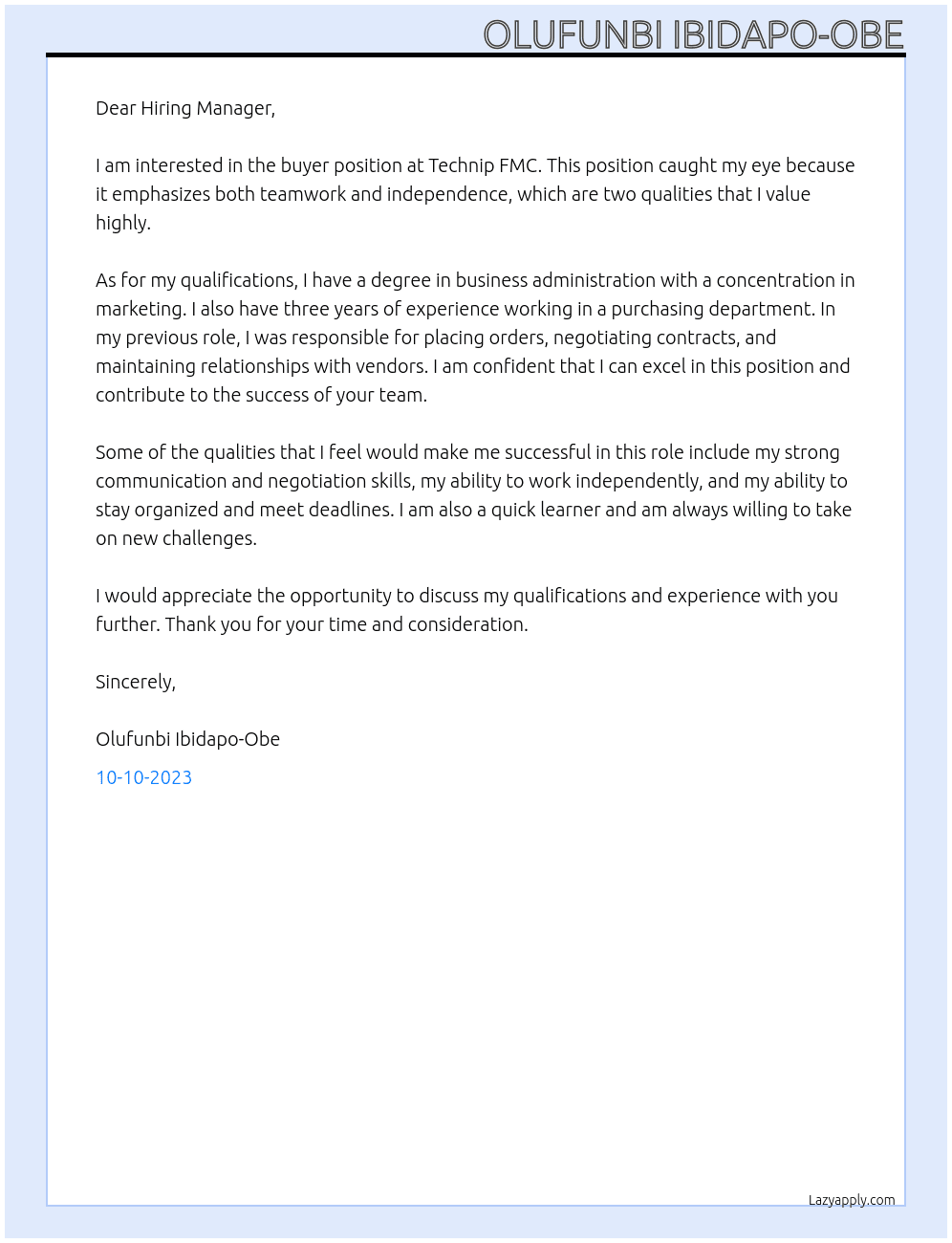 Buyer At Technip FMC Cover Letter