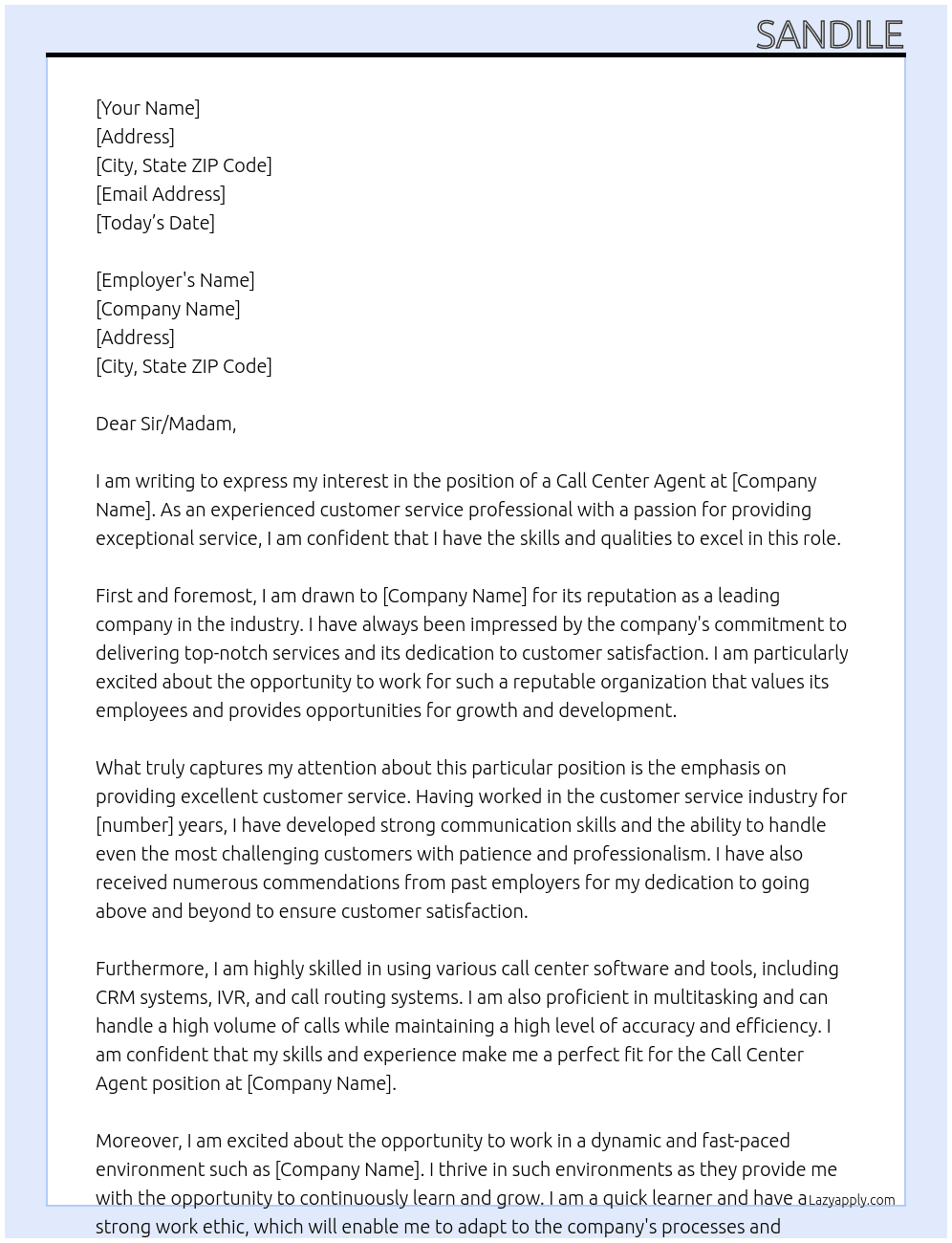 call center agent At campany Cover Letter