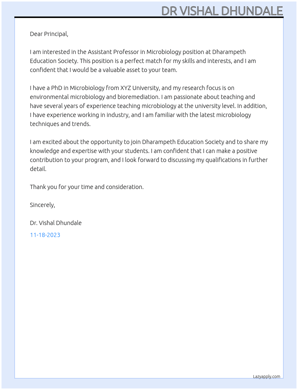 Assistant Professor in Microbiology At Dharampeth Education Society Cover Letter