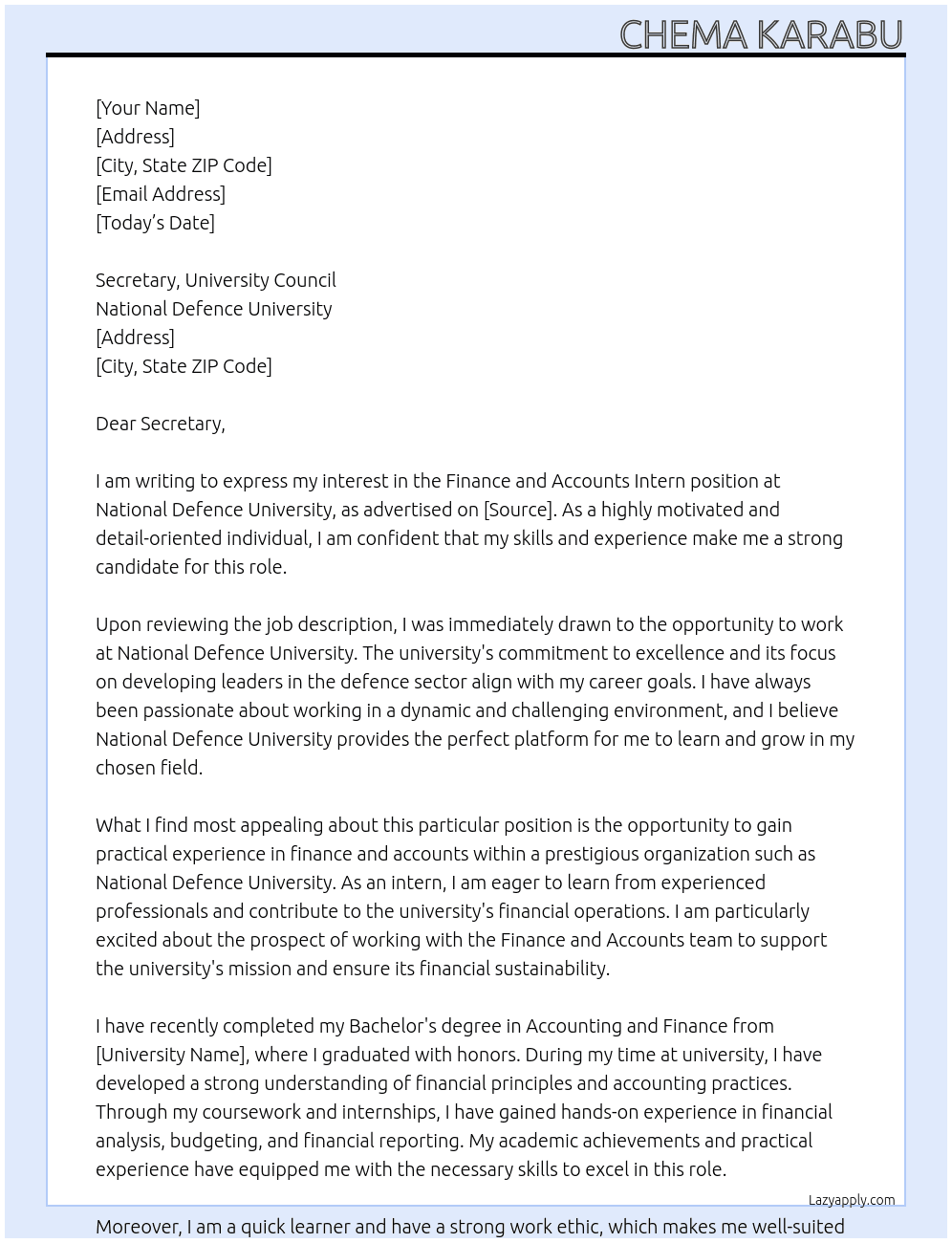 Finance and Accounts Intern  At National Defence University Cover Letter