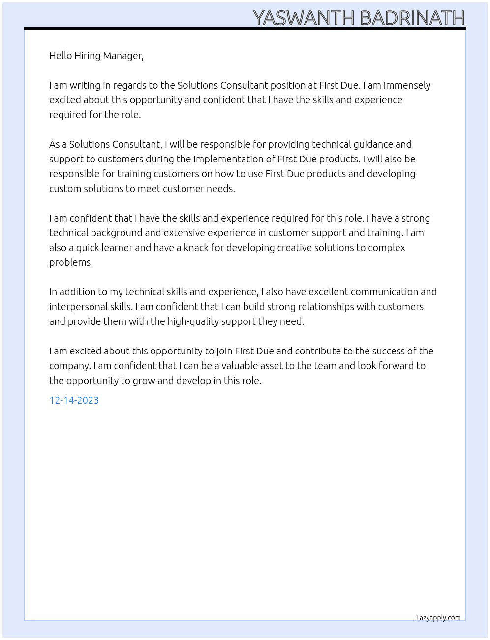solutions consultant At First Due Cover Letter