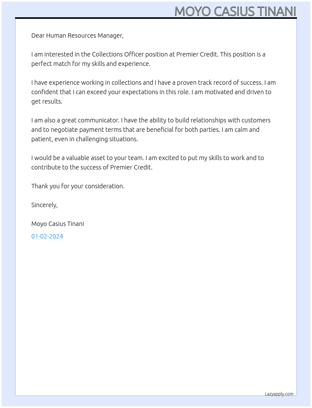 COLLECTIONS OFFICER At PREMIER CREDIT Cover Letter