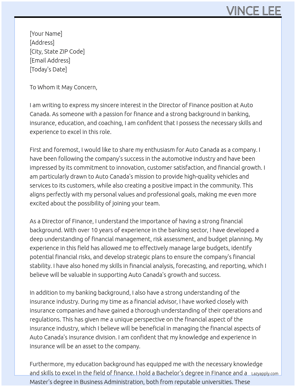Director of Finance At Auto Canada Cover Letter