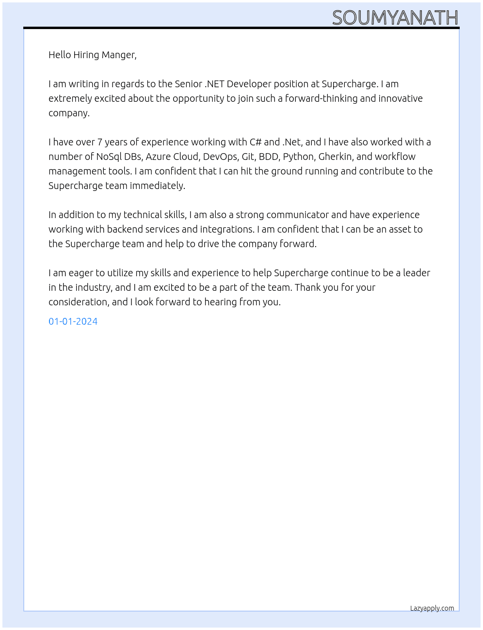 Senior .NET Developer At Supercharge Cover Letter