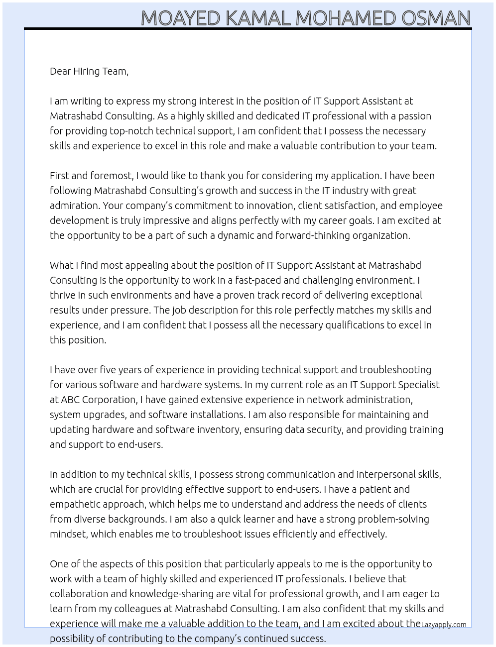 IT Support Assistant At Matrashabd Consulting Cover Letter
