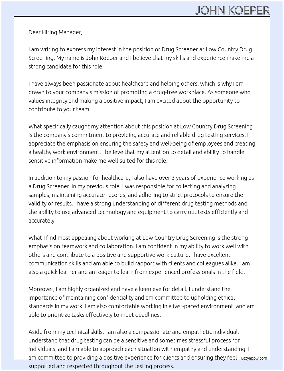 Drug Screener At Low Country Drug Screening Cover Letter