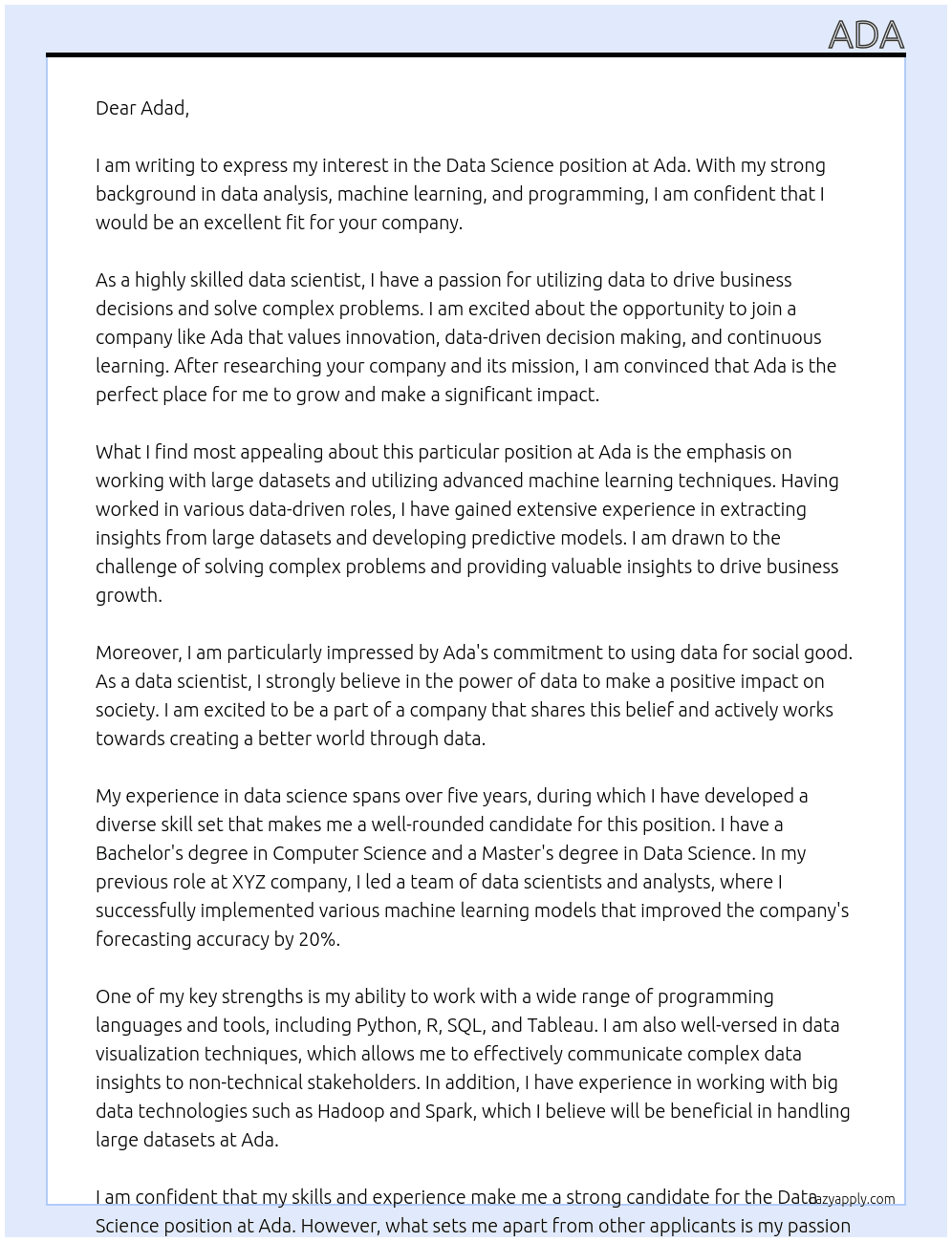 data science At ada Cover Letter
