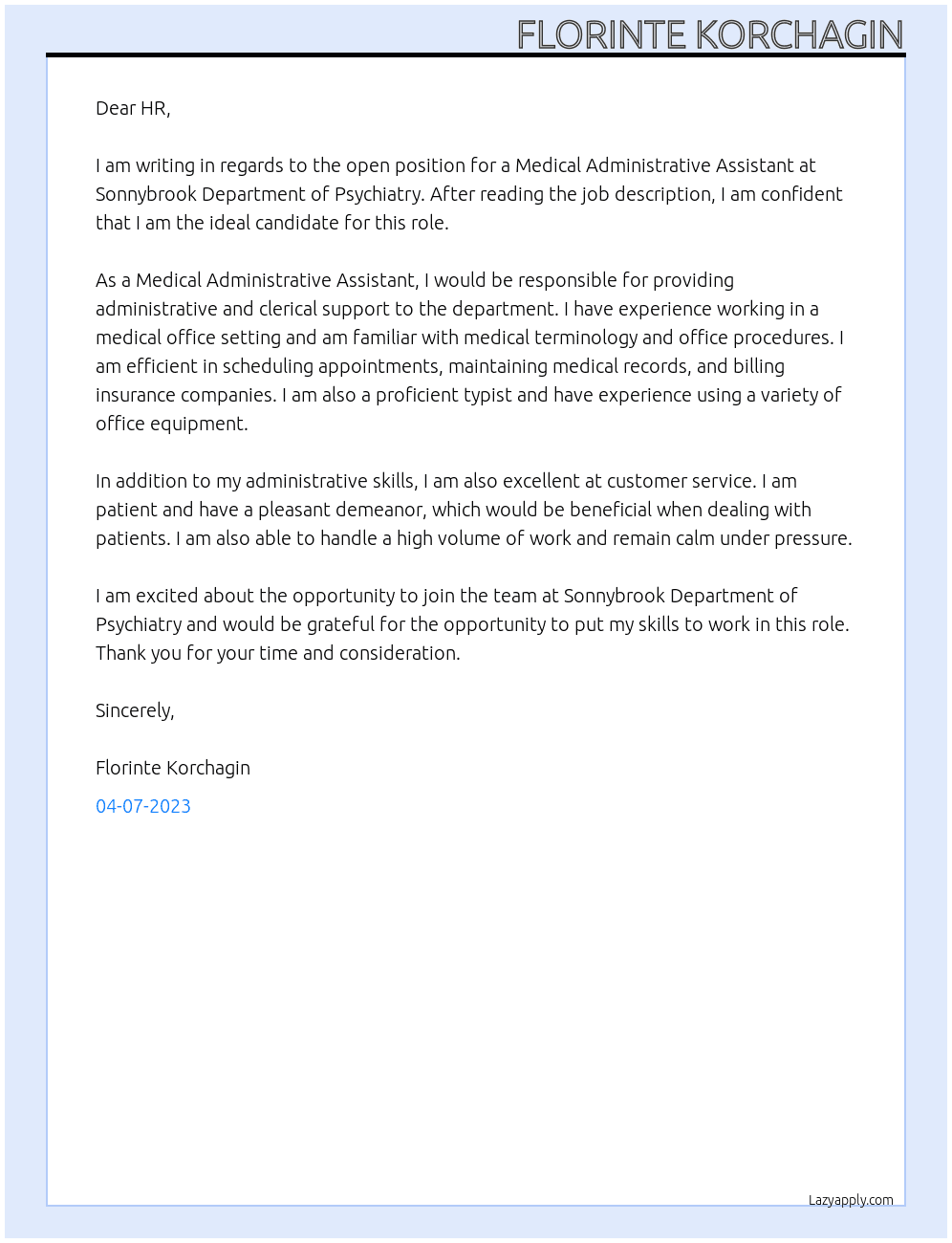 Medical Administrative Assistant At Sonnybrook Department of Psychaitry Cover Letter
