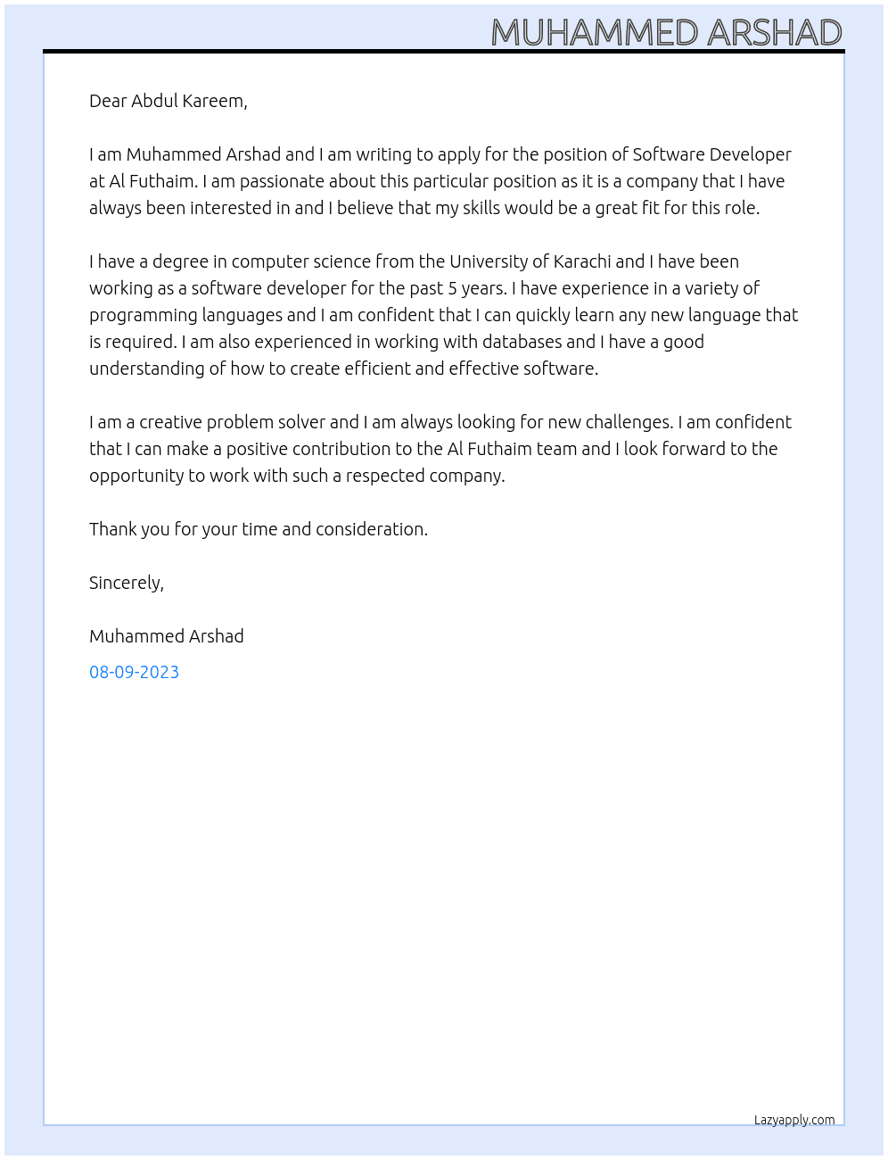 Software Developer At Al Futhaim Cover Letter