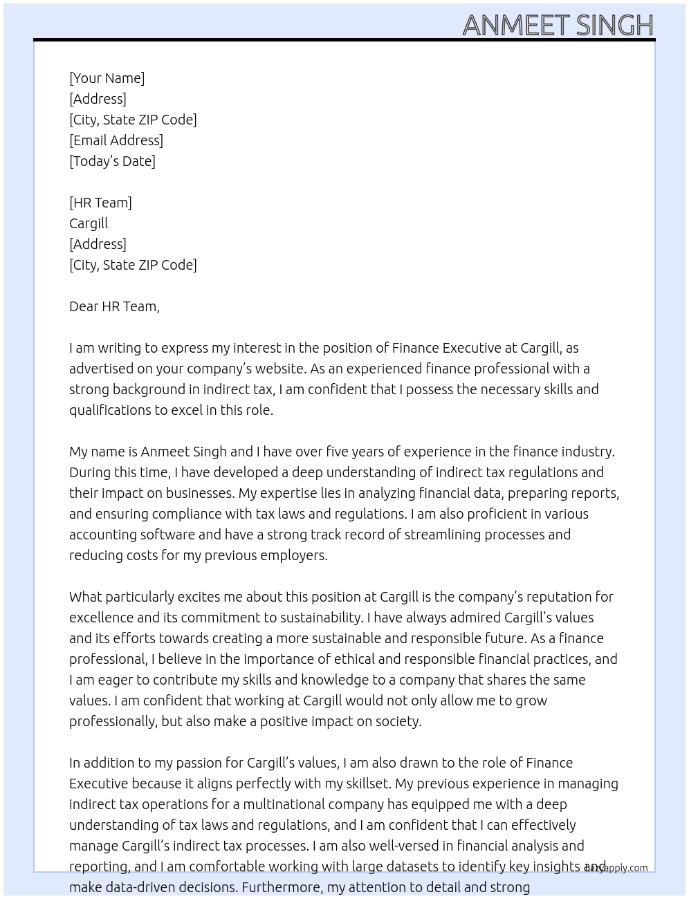 Finance Executive At Cargill Cover Letter