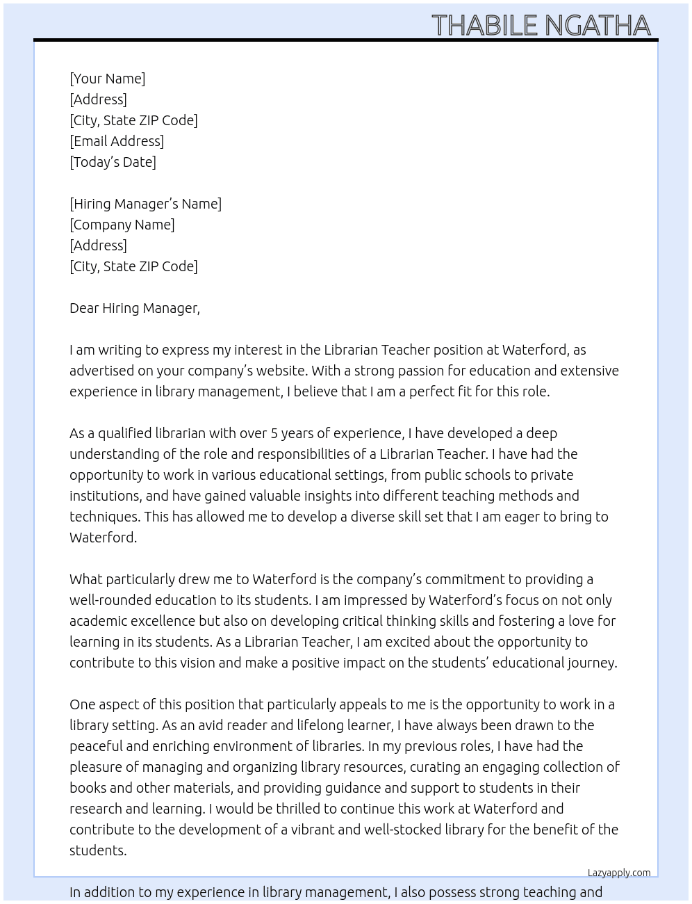 Librarian Teacher  At Waterford  Cover Letter