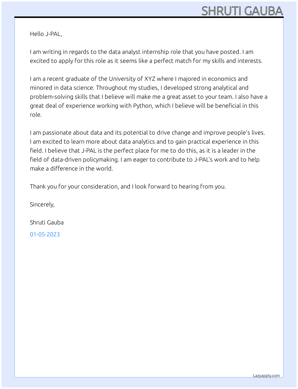 Data analyst At J-PAL Cover Letter