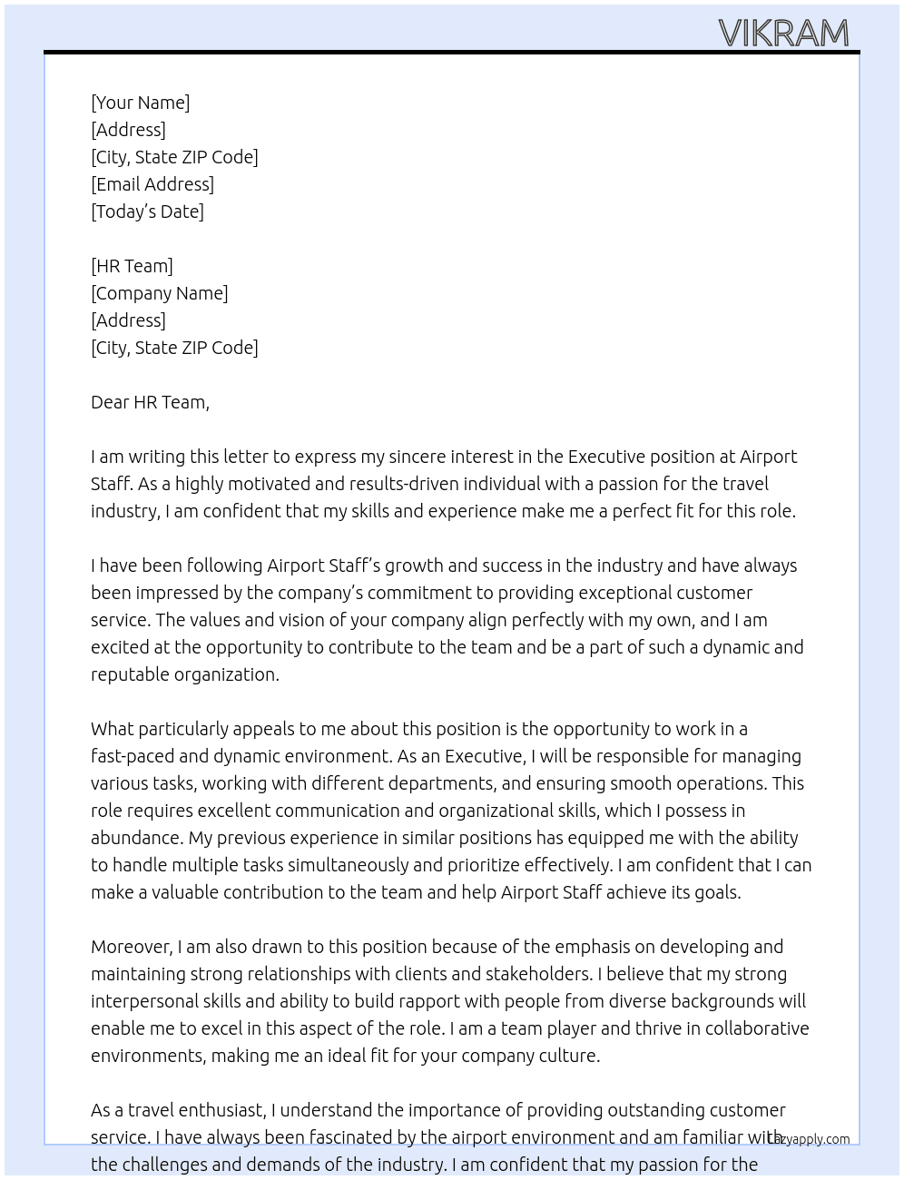 Executive  At Airport staff  Cover Letter