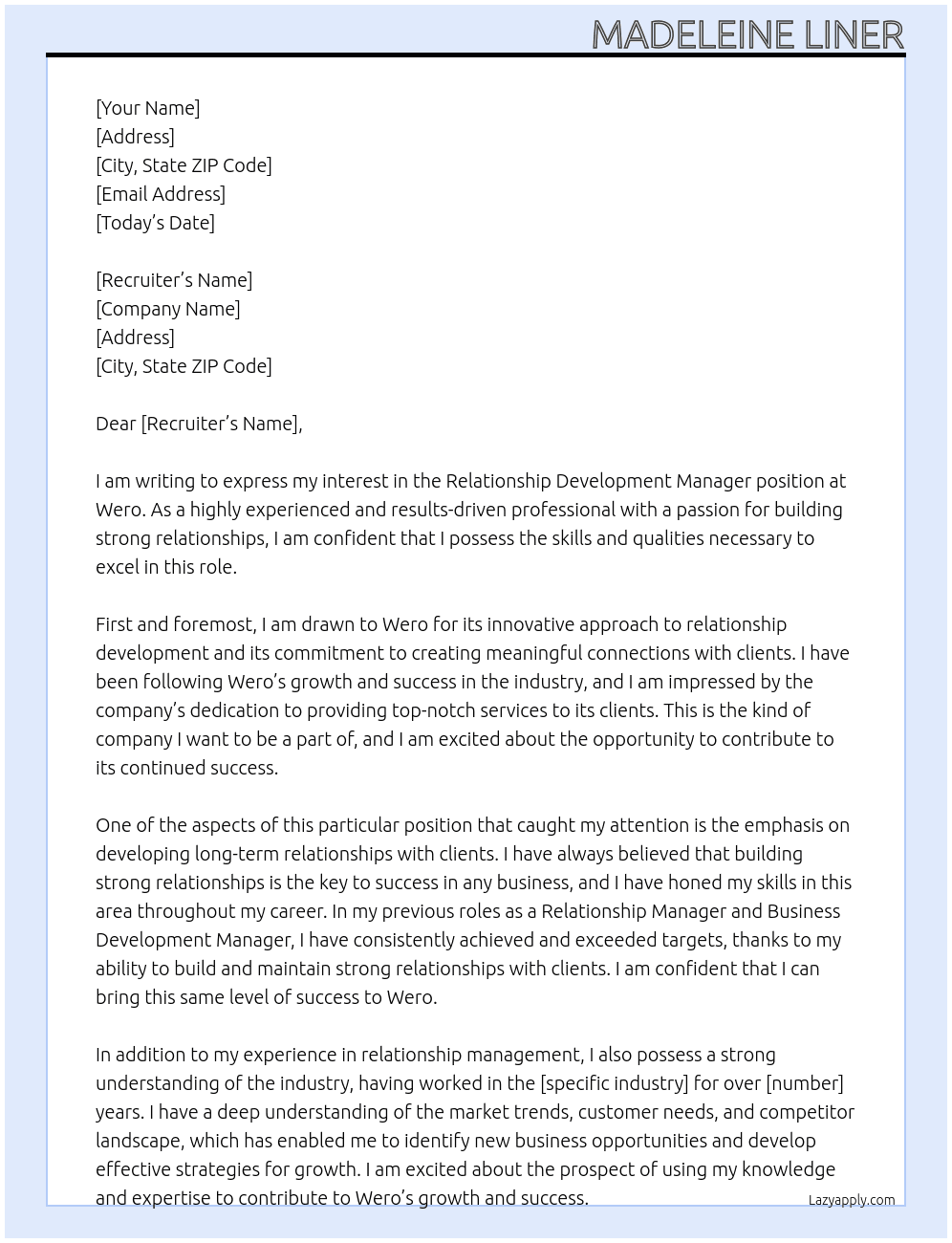 Relationship Development Manager At Wero Cover Letter