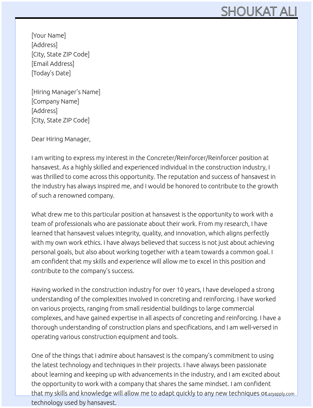 Concreter/reinforcer/reinforcer  At hansavest Cover Letter
