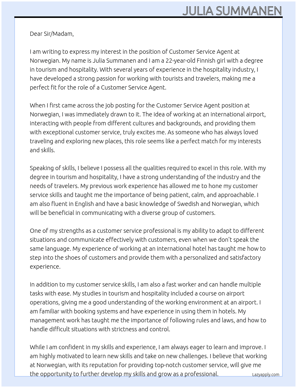 Customer service agent At Norwegian Cover Letter