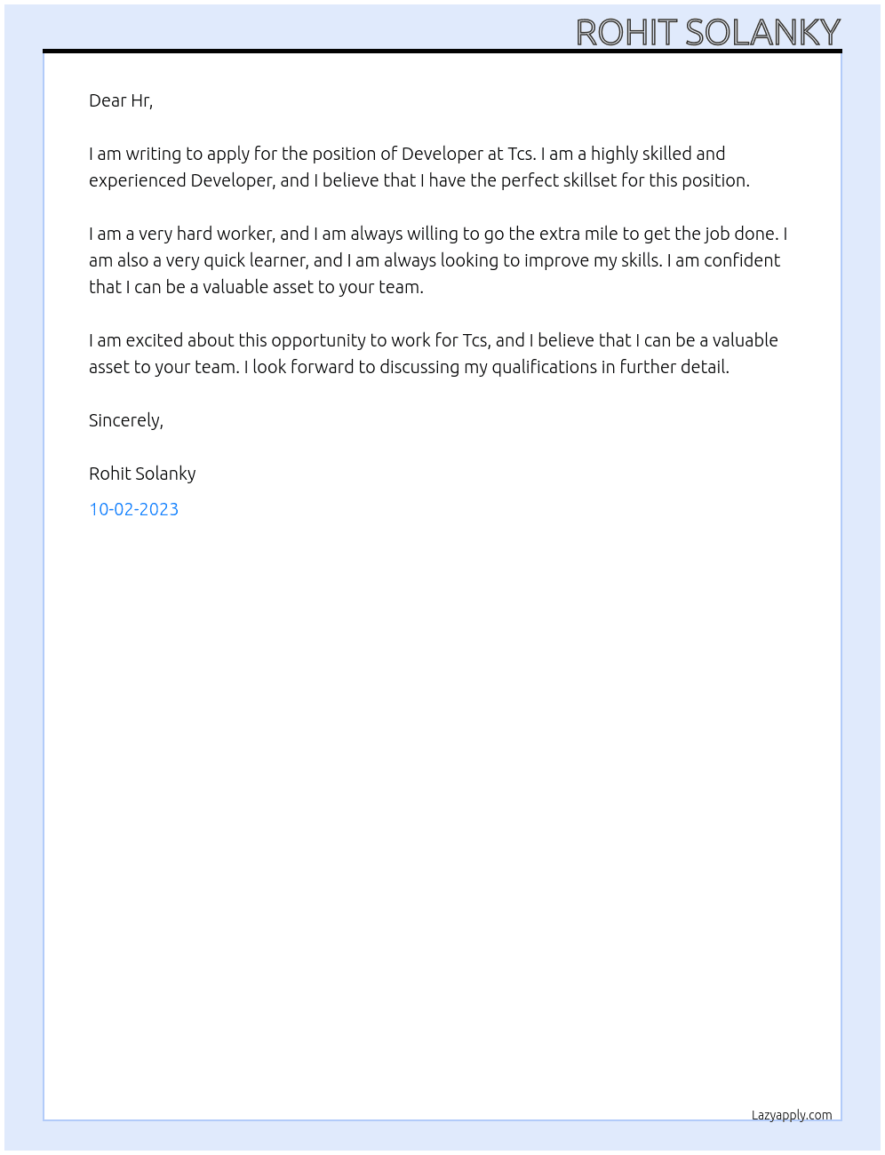 Developer  At Tcs  Cover Letter