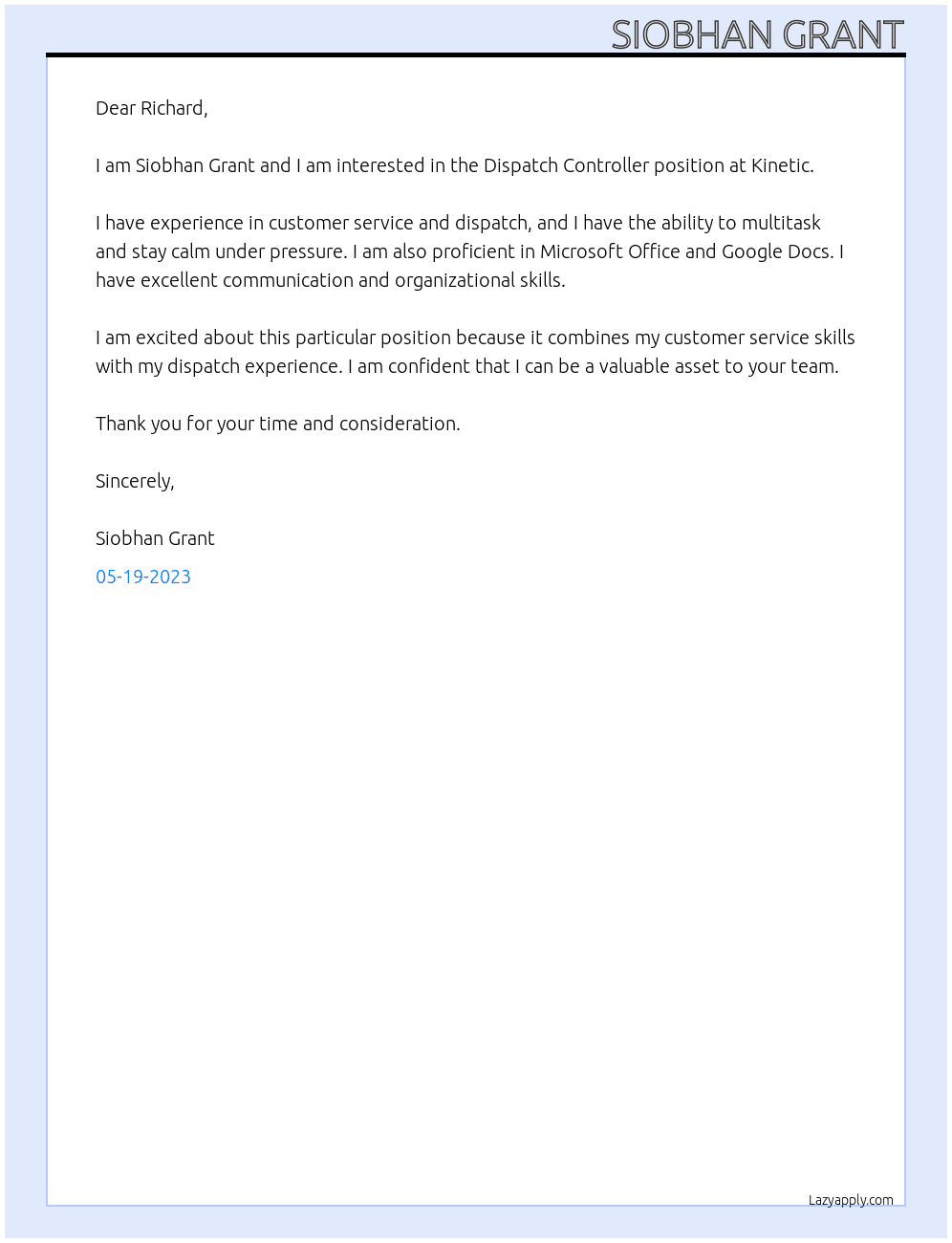 Dispatch Controller At Kinetic Cover Letter