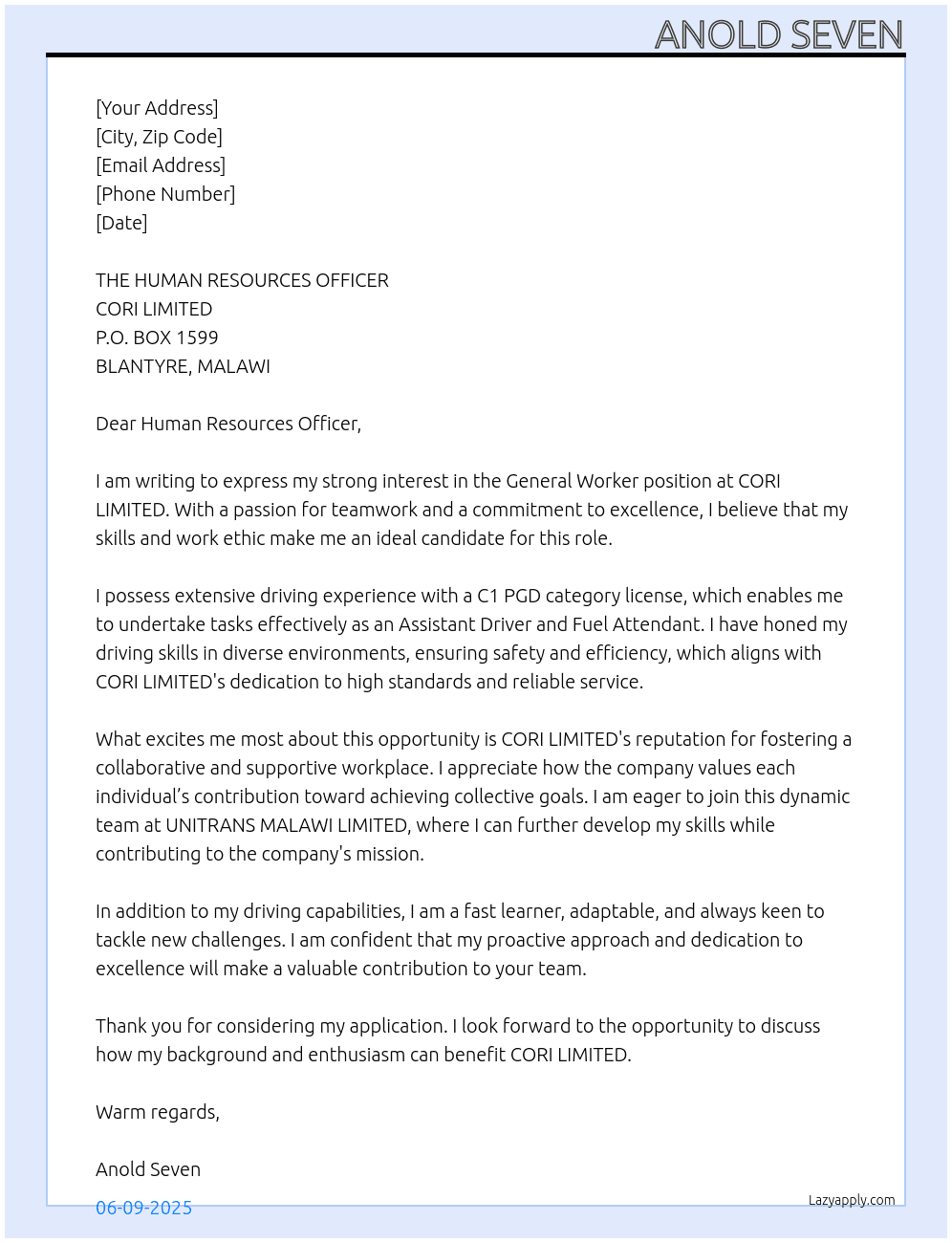 GENERAL WORKER At CORI LIMITED Cover Letter