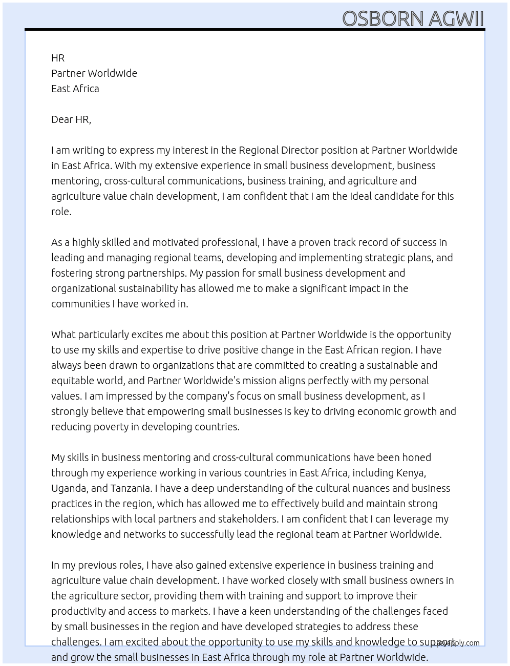 Regional Director, East Africa At Partner Worldwide Cover Letter