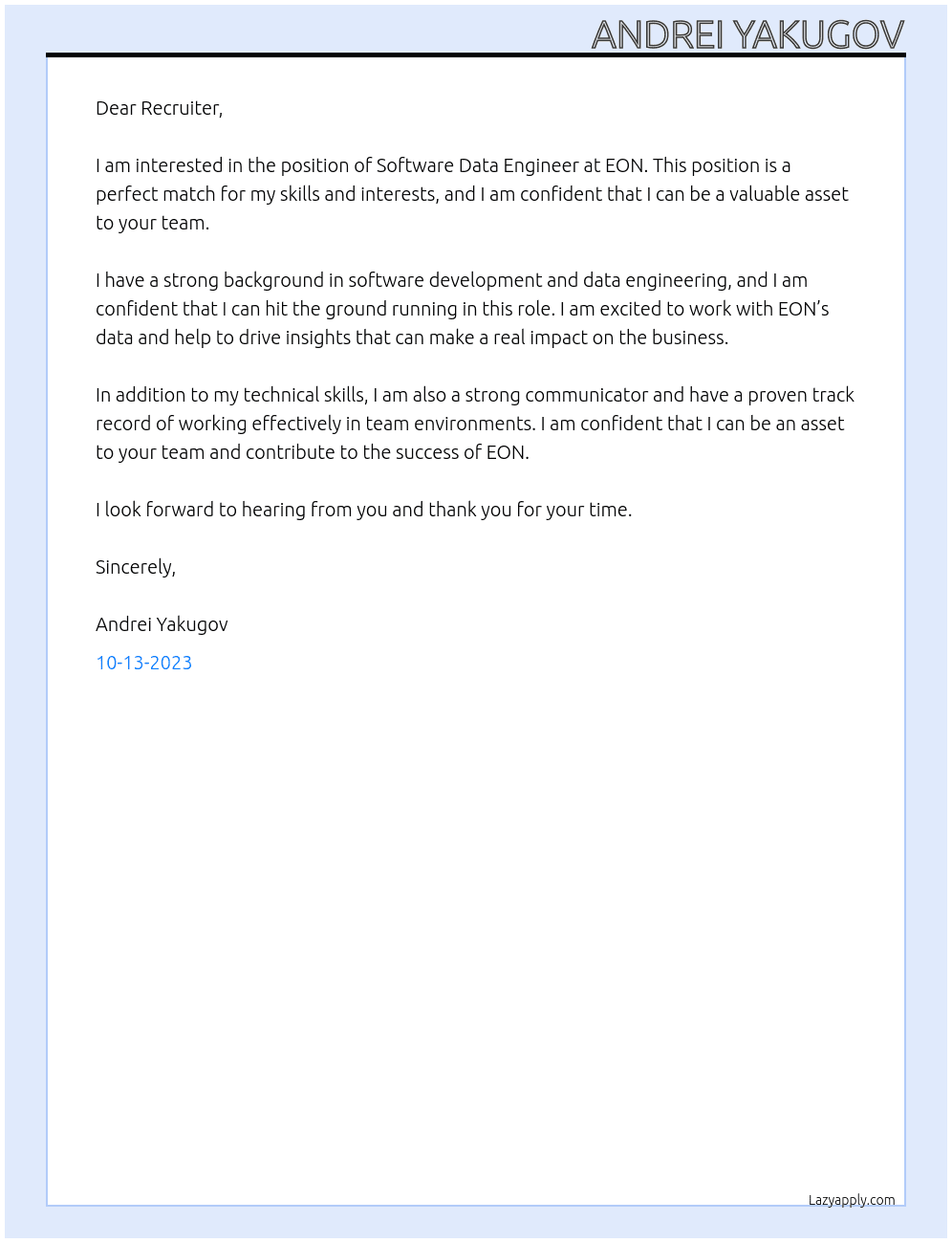 Software Data Engineer At EON Cover Letter