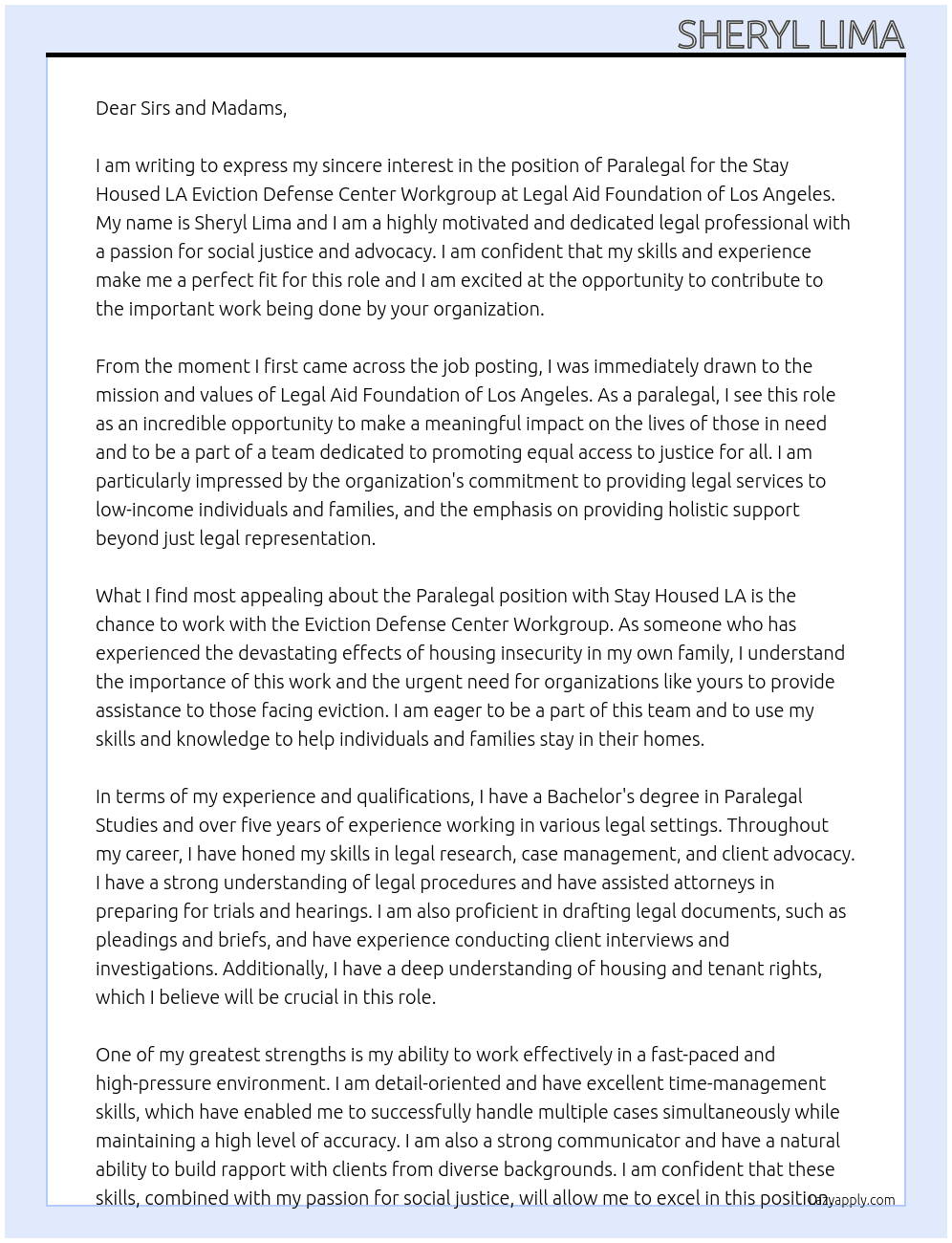 Paralegal (Stay Housed LA) – Eviction Defense Center Workgroup  At Legal Aid Foundation of Los Angeles Cover Letter