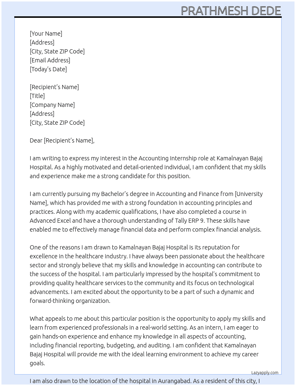Accounting  At Kamalnayan bajaj hospital Cover Letter