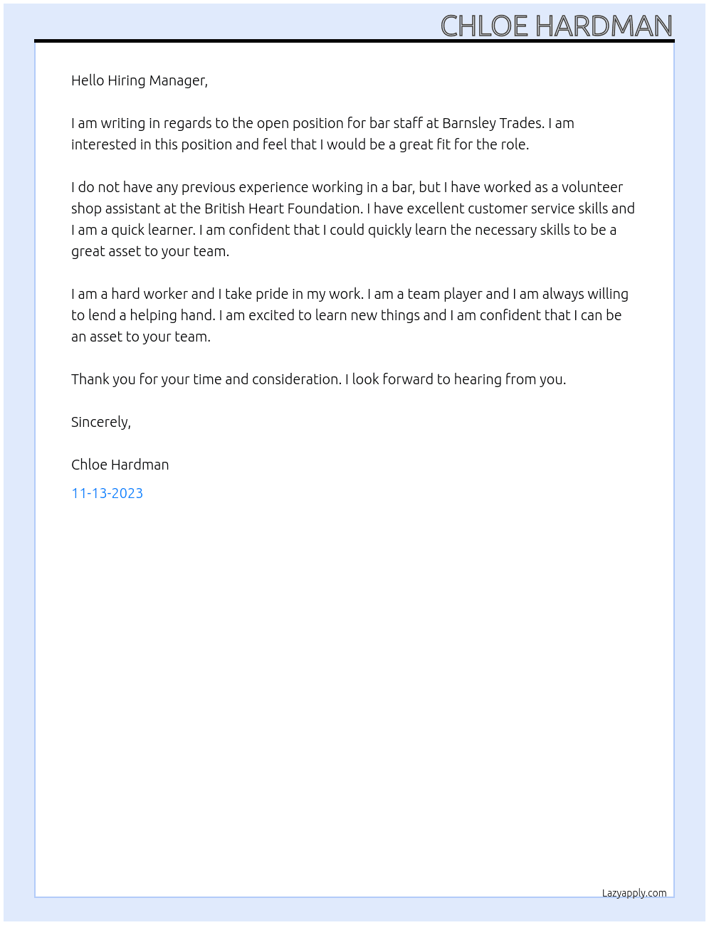 Bar Staff At Barnsley Trades Cover Letter