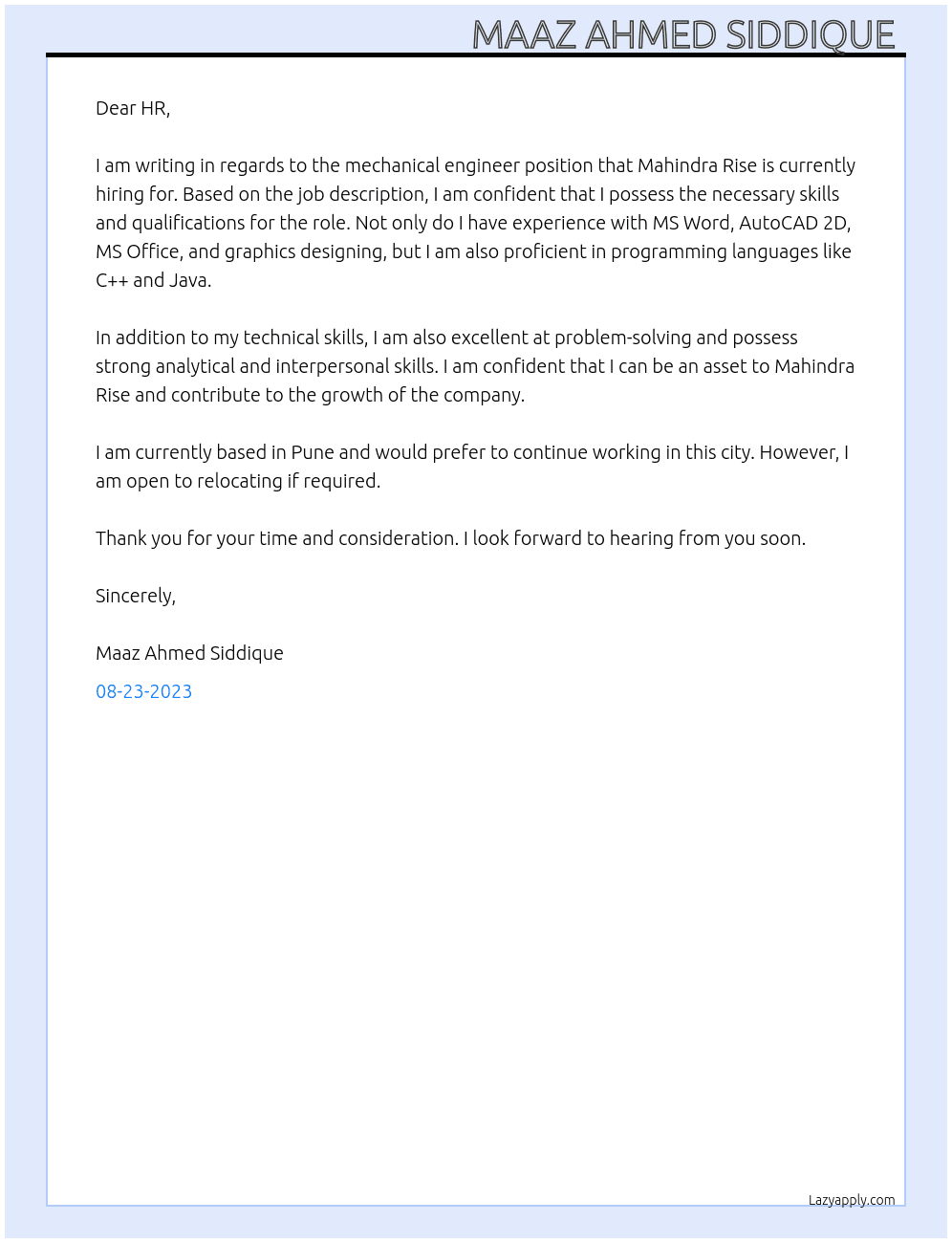 Mechanical engineer At Mahindra Rise Cover Letter