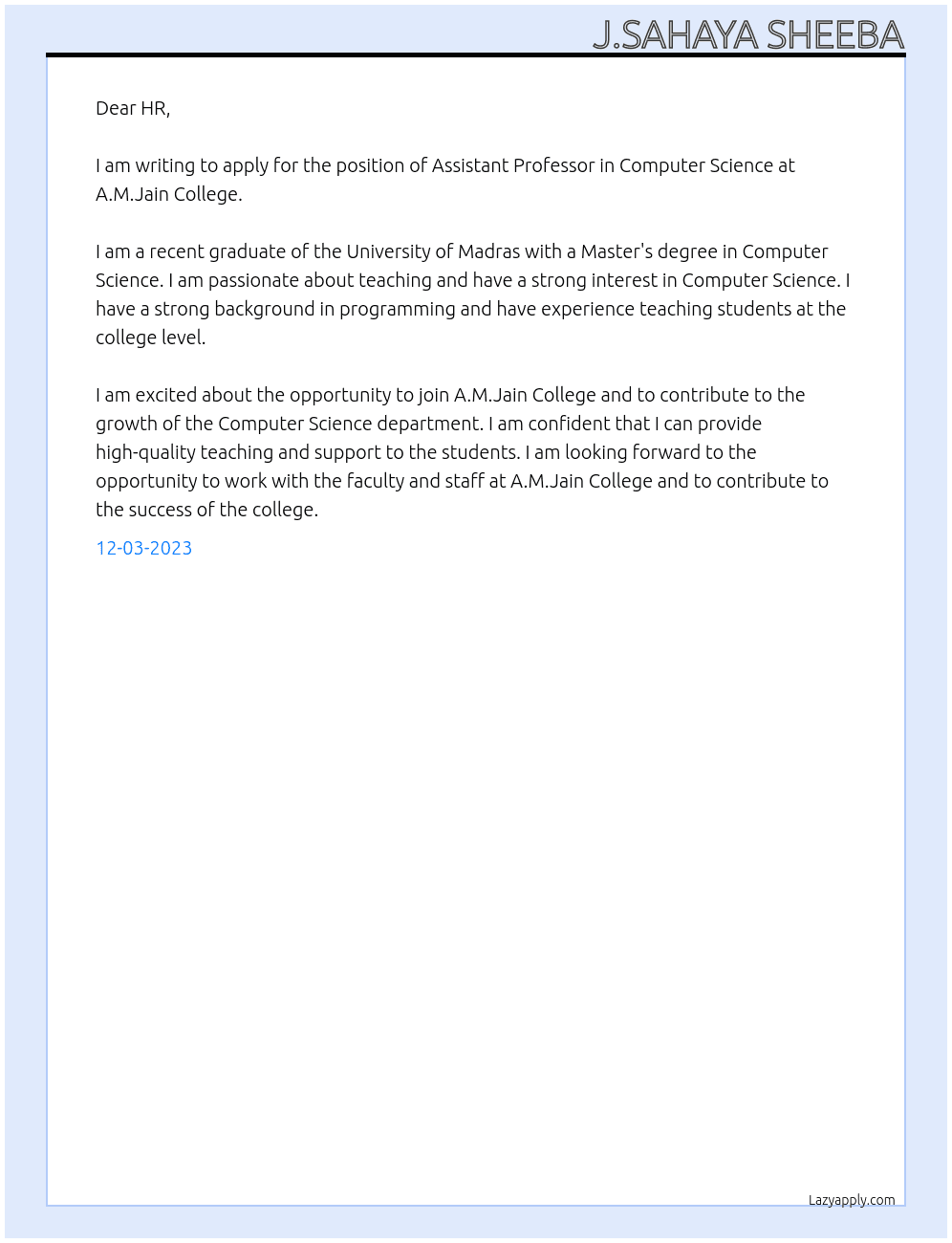Assistant Professor in Computer Science At A.M.Jain College Cover Letter