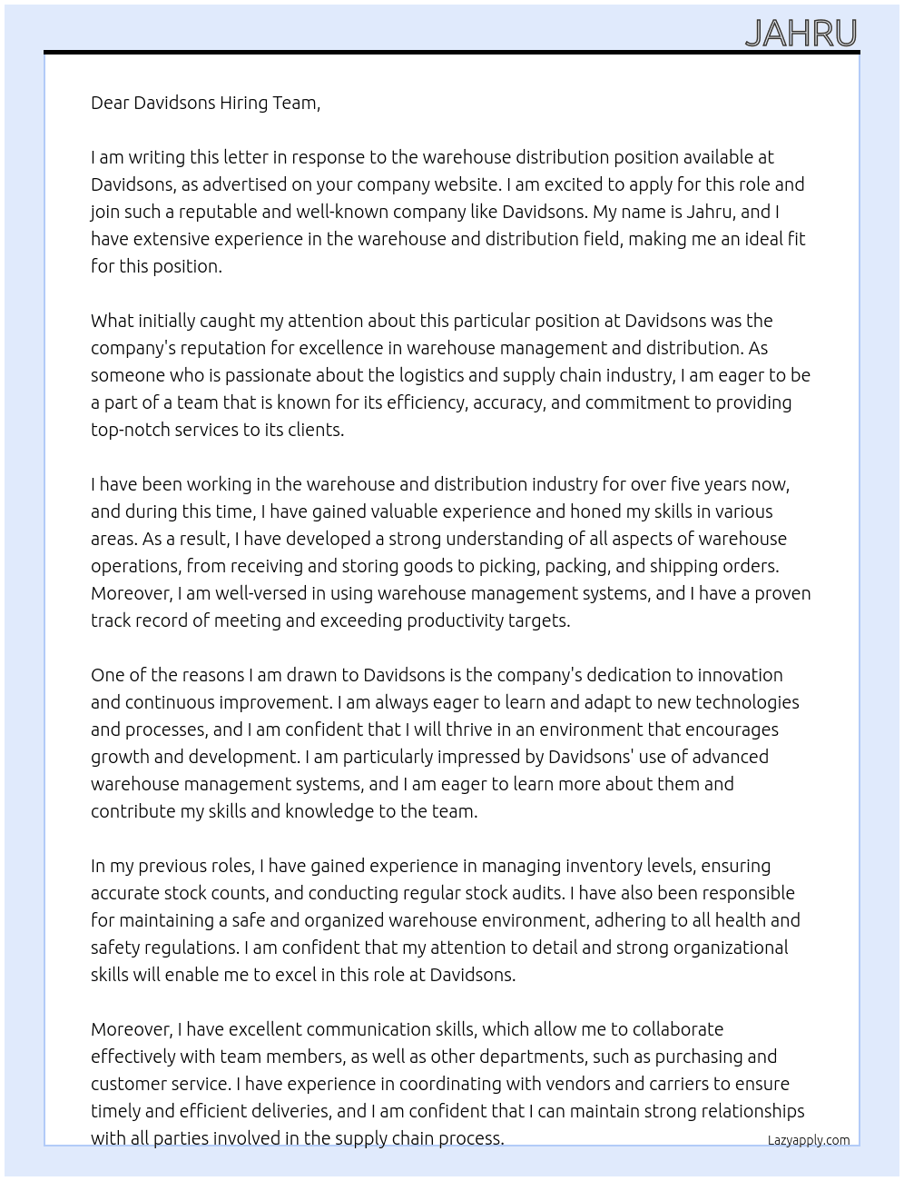 Warehouse distribution  At Davidsons Cover Letter