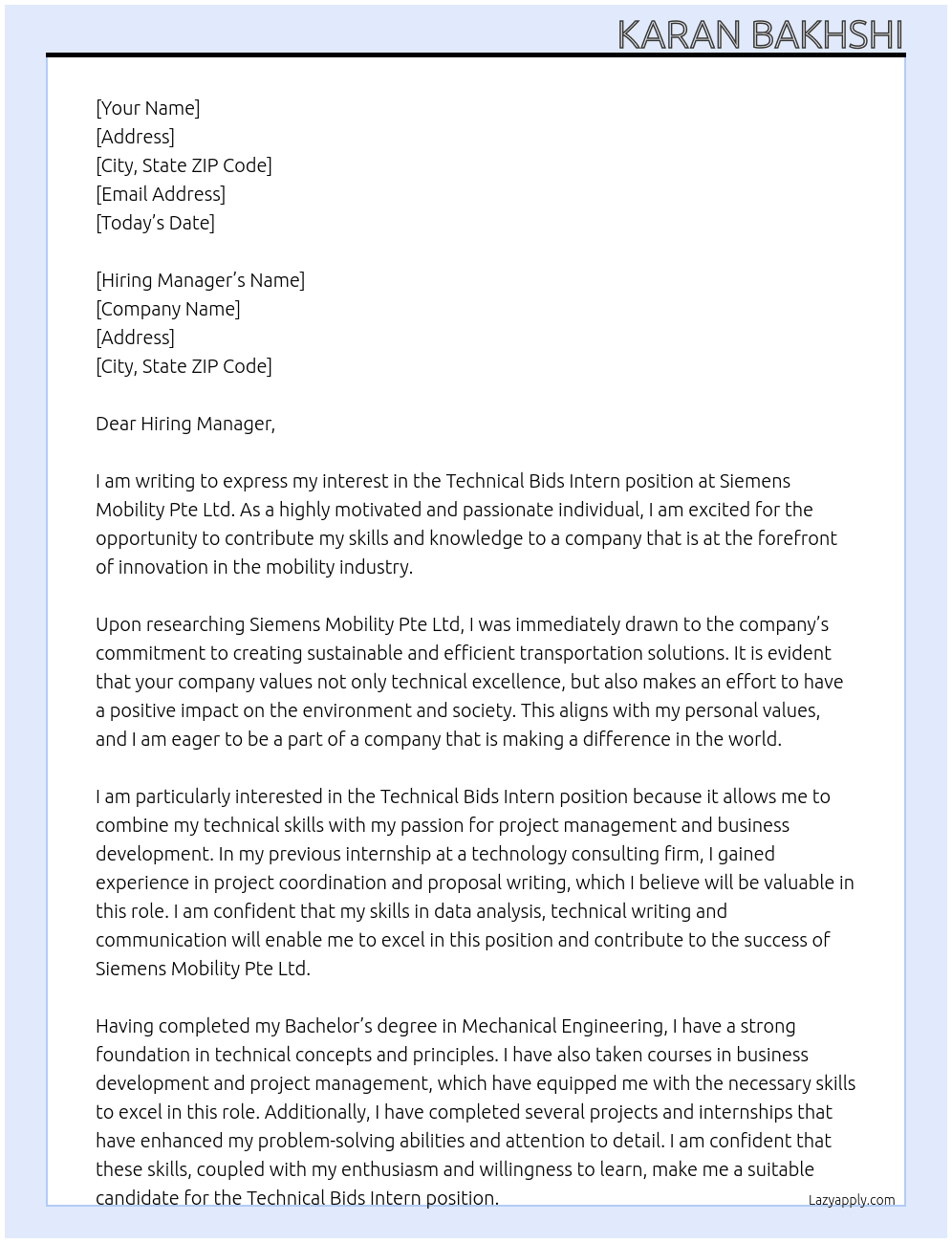 Technical Bids Intern At Siemens Mobility Pte Ltd Cover Letter