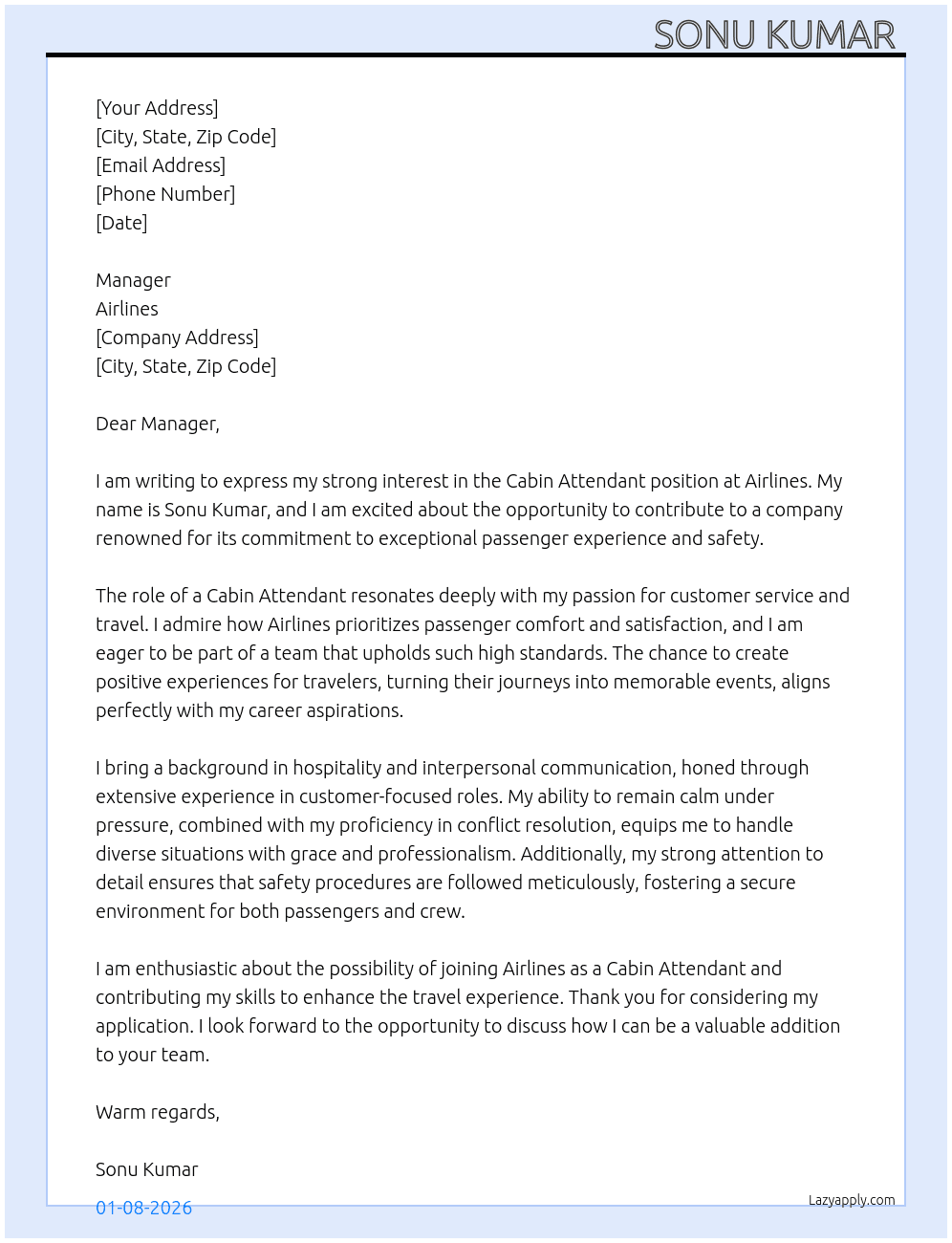 Cabin attendant  At Airlines  Cover Letter