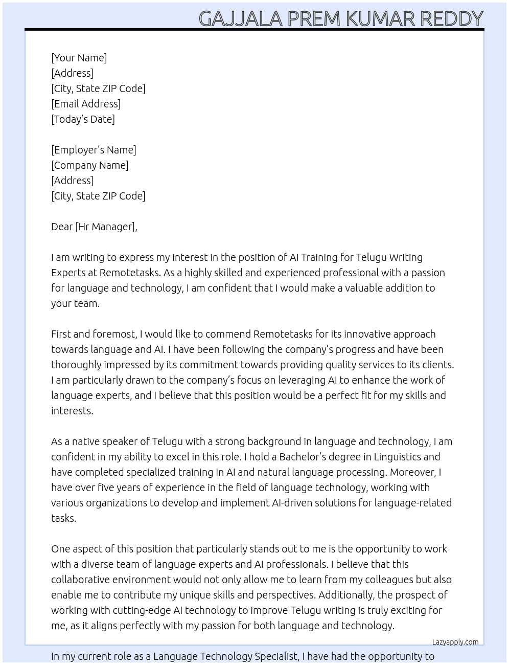 AI Training for Telugu Writing Experts At Remotetasks Cover Letter