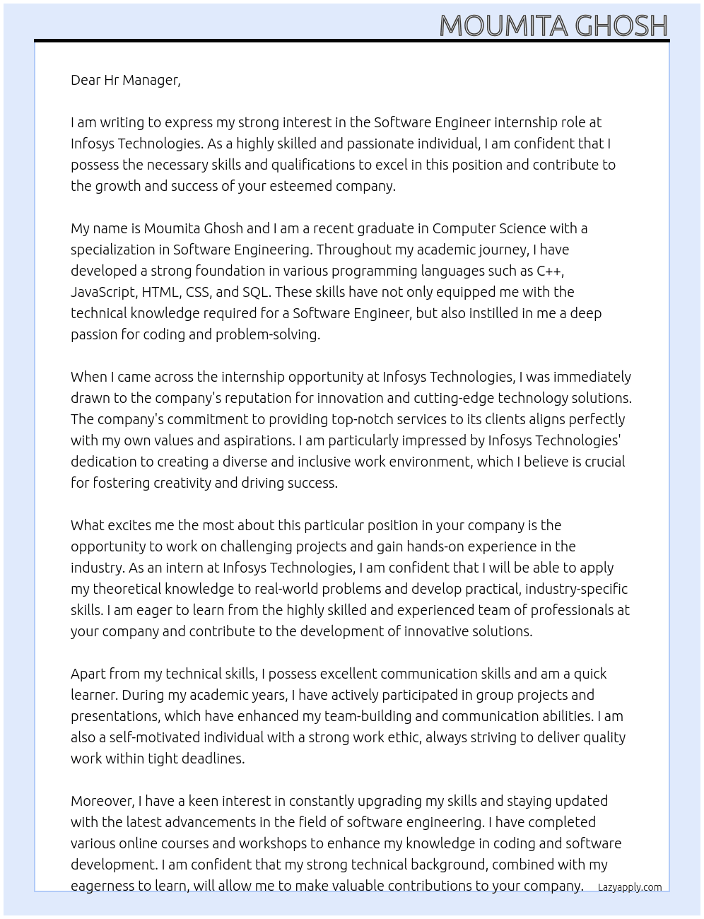 Software Engineer  At Infosys technologies  Cover Letter