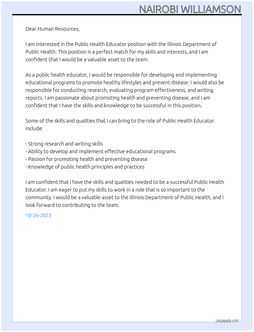 Public Health Educator At Illinois Department of Public Health Cover Letter
