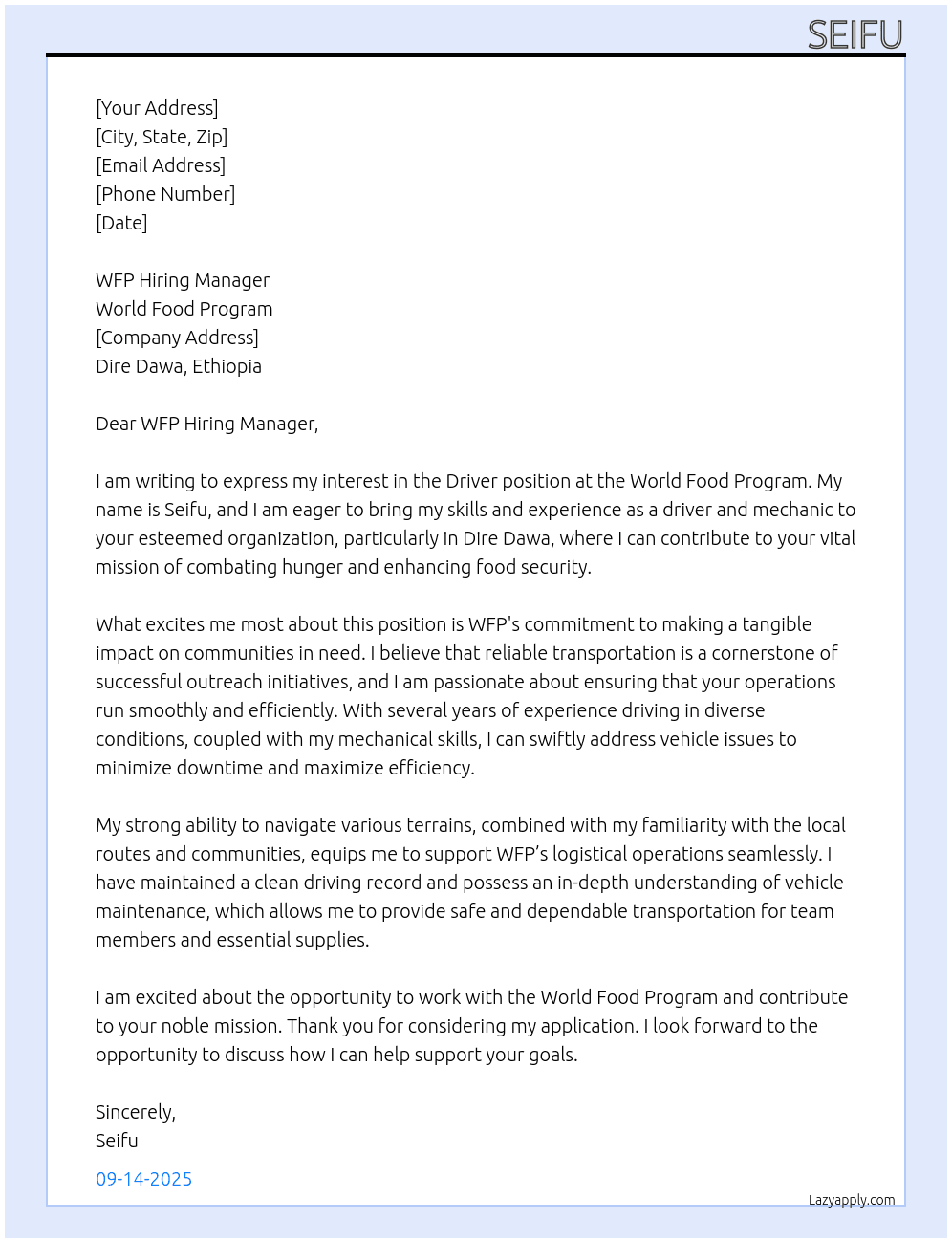 Driver At World food program  Cover Letter