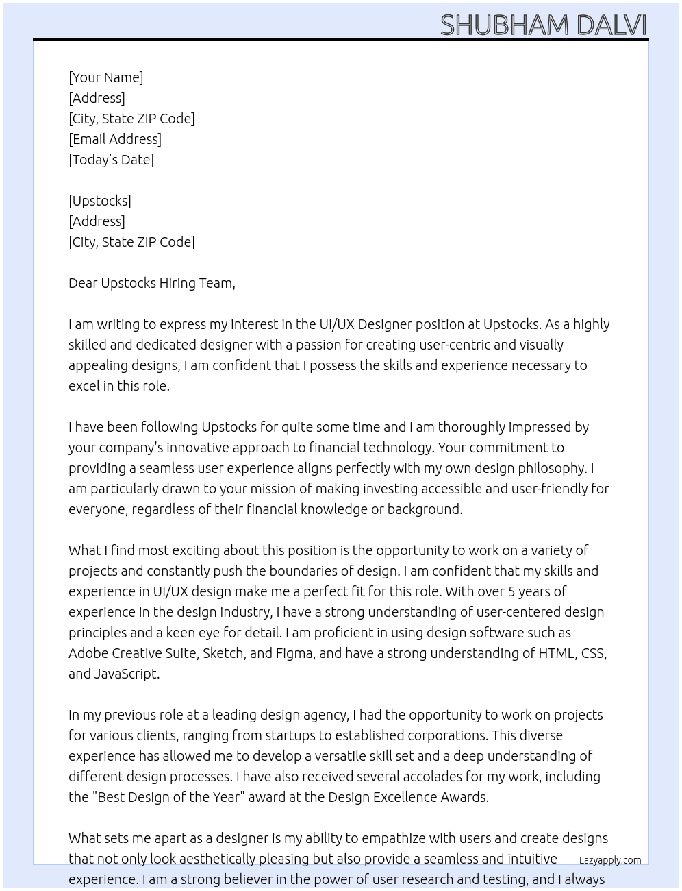 UI/UX designer At Upstocks Cover Letter