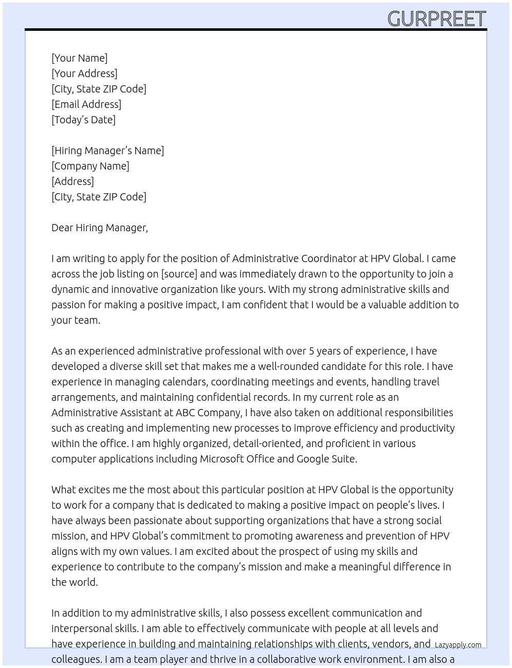 Administrative Coordinator At HPV Global Cover Letter