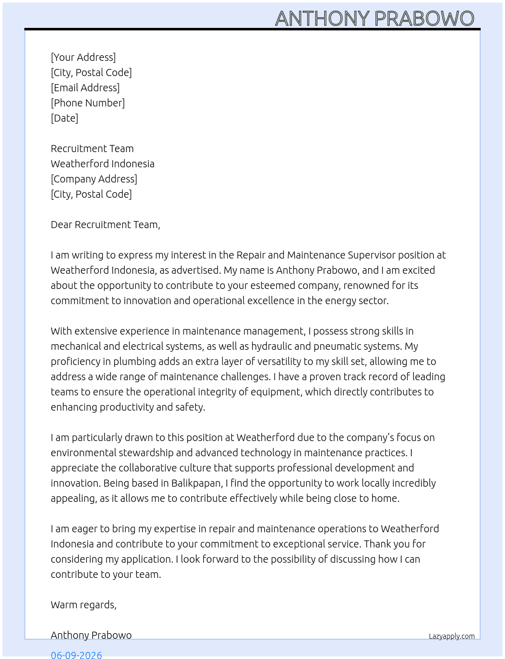 Repair anda Maintenance Supervisor  At Weatherford Indonesia Cover Letter