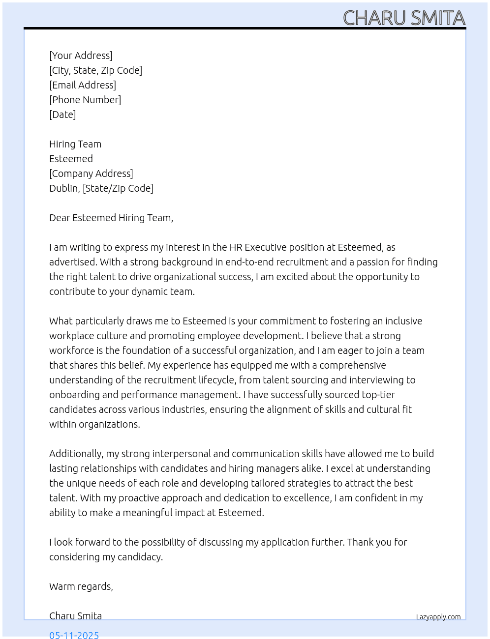 HR Executive At Esteemed Cover Letter