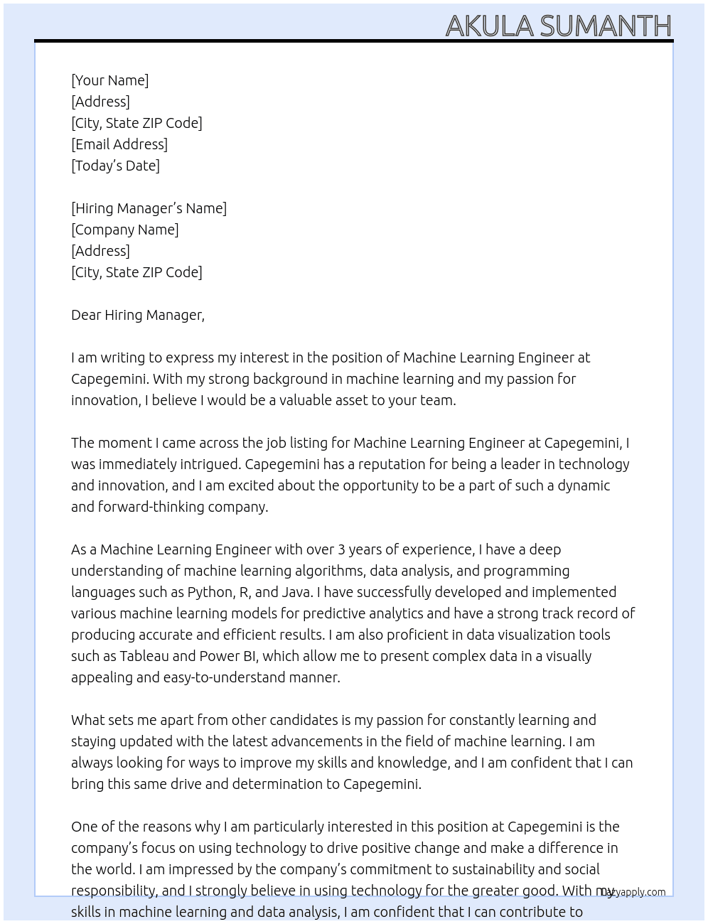Machine Learning Engineer  At Capegemini Cover Letter