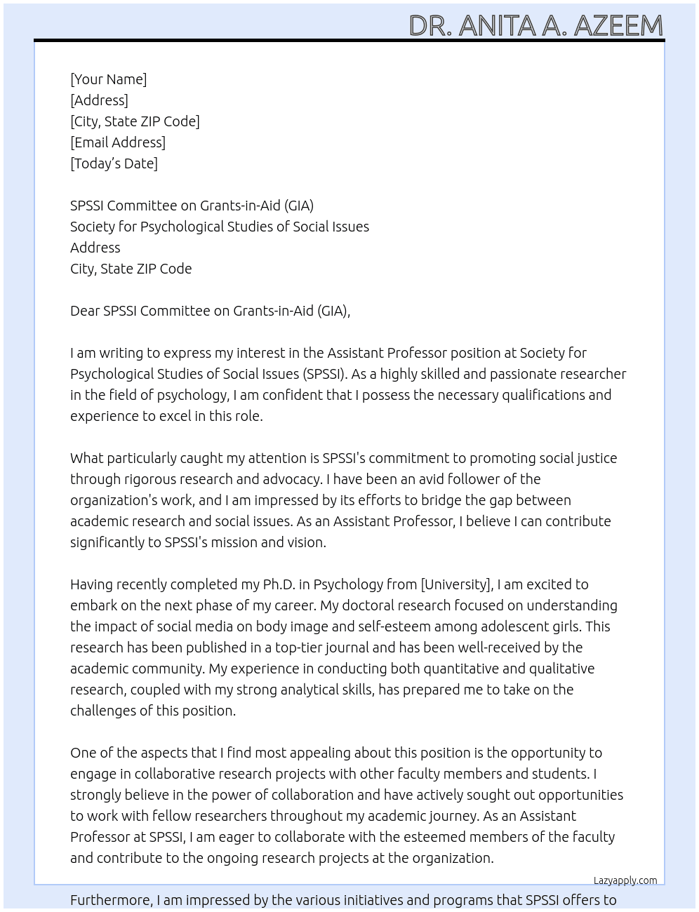 Assistant Professor At Society for Psychological Studies of Social Issues Cover Letter