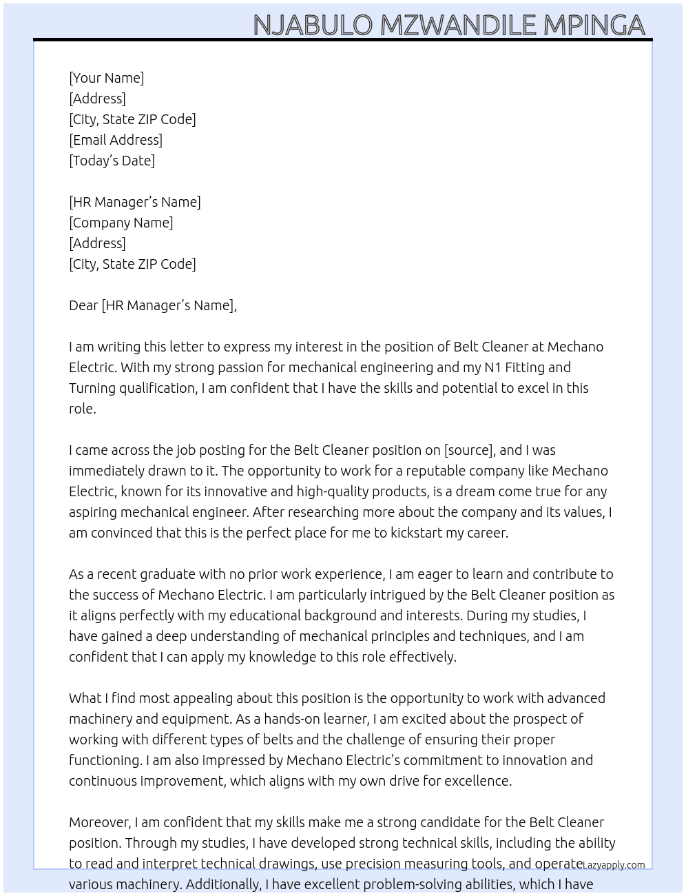 Belt Cleaner no experience N1 Fitting and turning  At Mechano Electric  Cover Letter